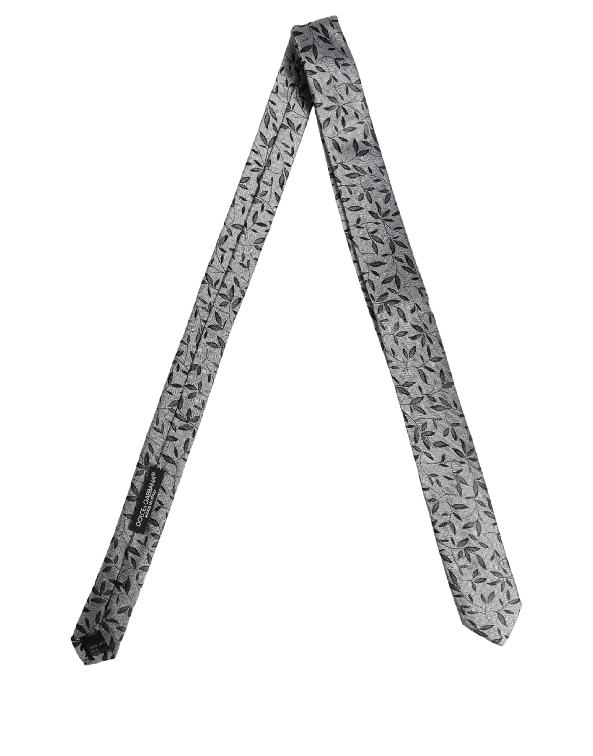 Dolce & Gabbana Men Gray Leaf Pattern Silk Adjustable Tied Necktie Tie Dolce & Gabbana