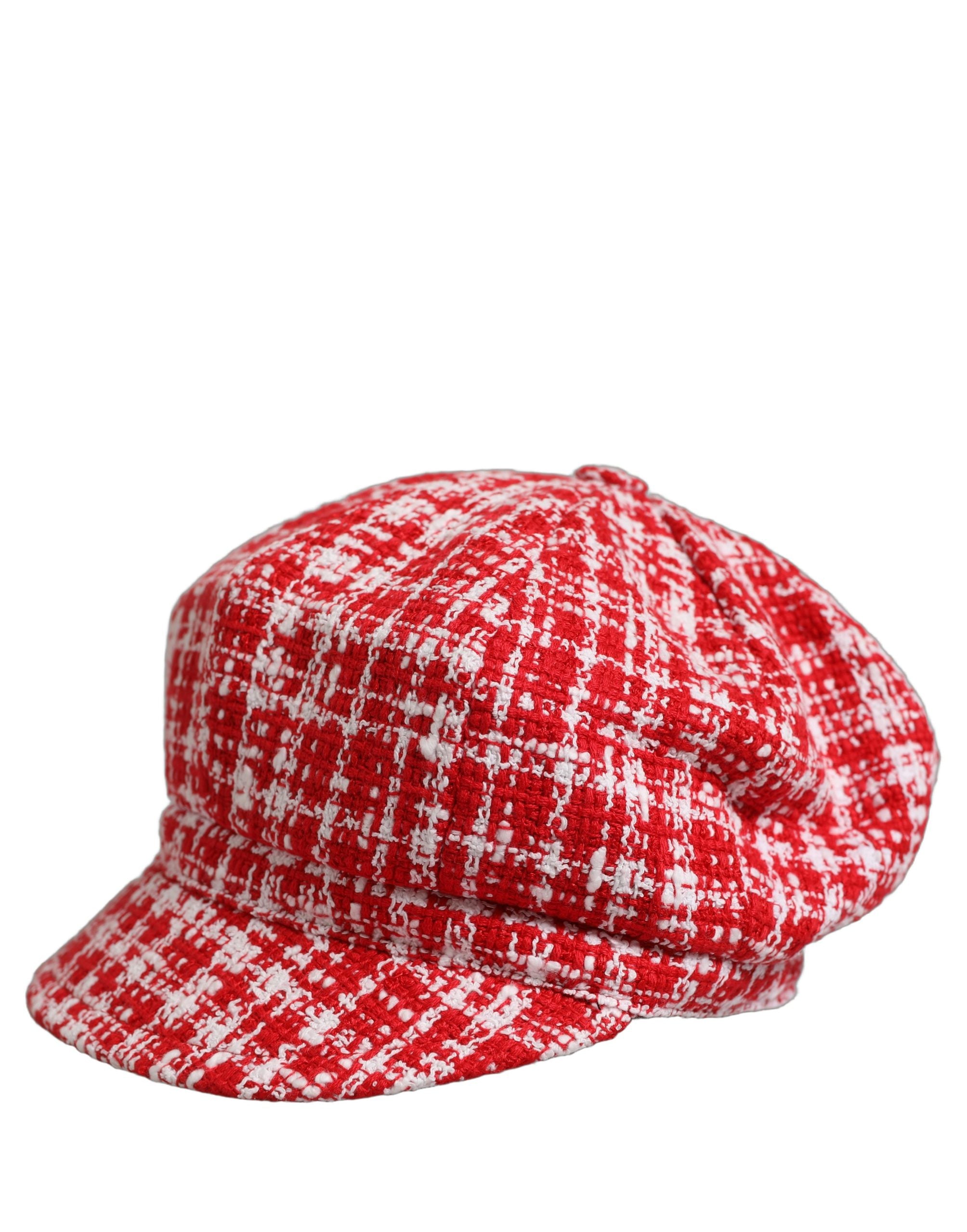 Dolce & Gabbana Red White Tweed Textured Baker Boy Capello Hat Dolce & Gabbana