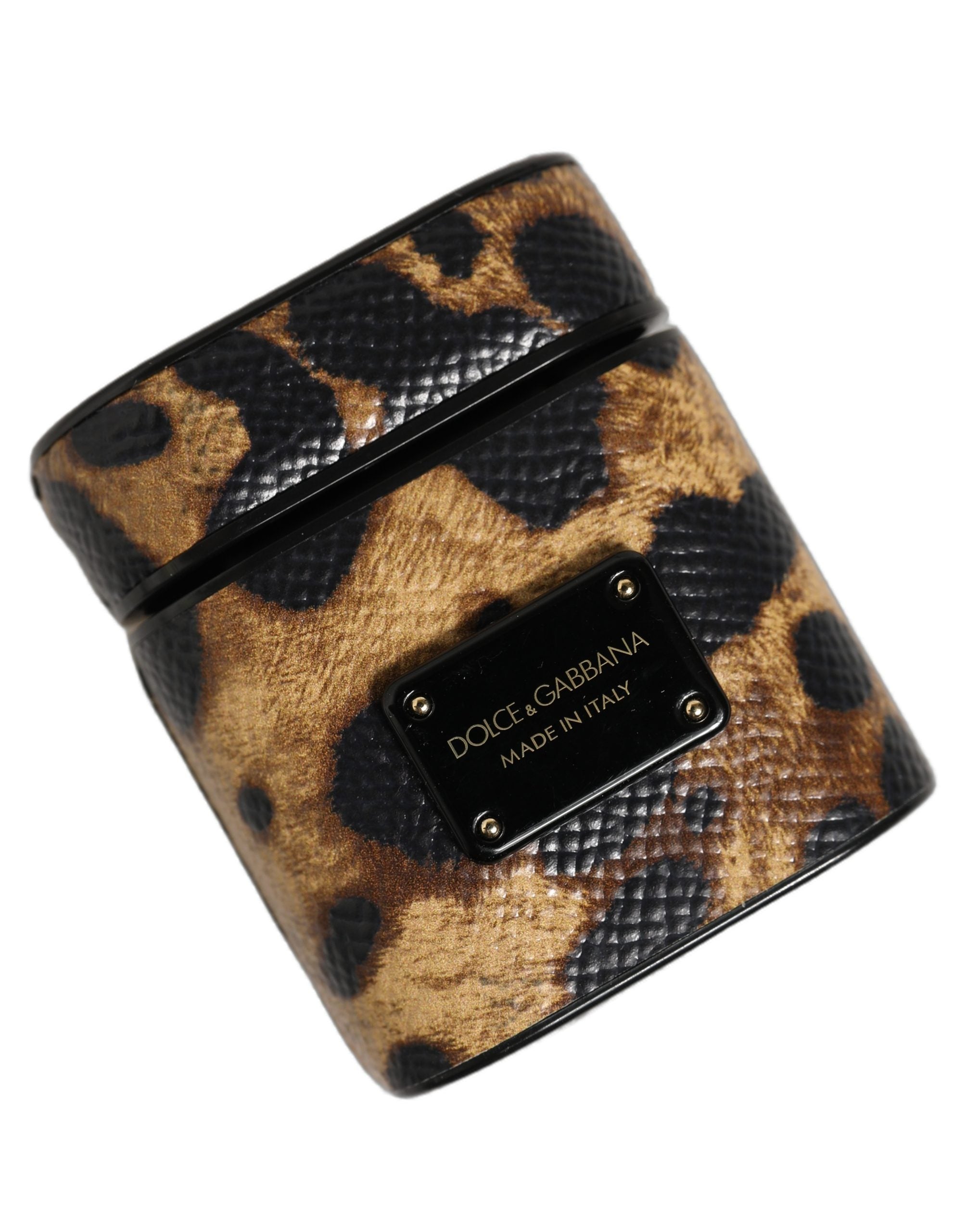 Dolce & Gabbana Brown Leopard Calf Leather Metal Logo Plaque Airpods Case Dolce & Gabbana