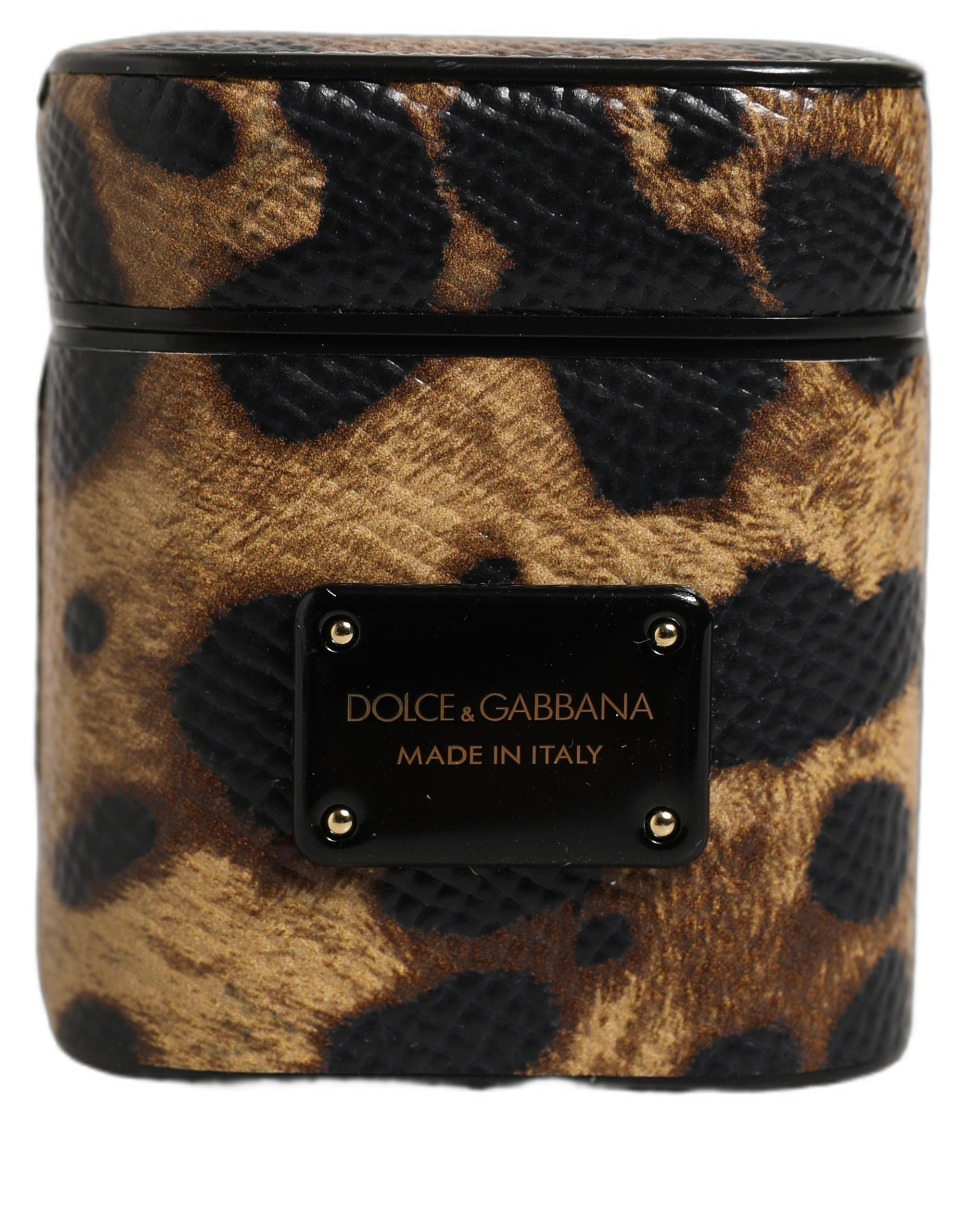 Dolce & Gabbana Brown Leopard Calf Leather Metal Logo Plaque Airpods Case Dolce & Gabbana