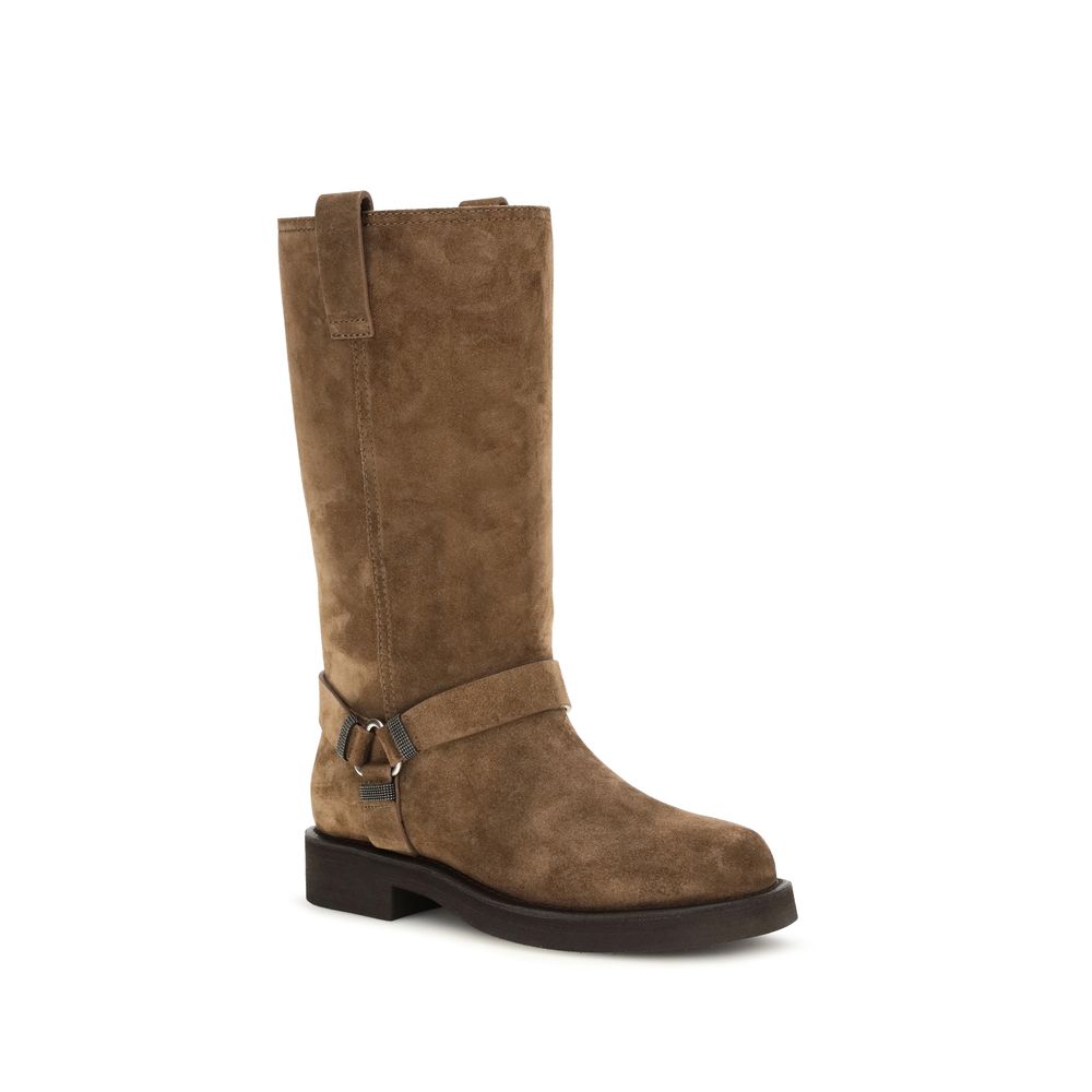 Brunello Cucinelli Brown Calf Leather Bos Taurus Flat Boots Brunello Cucinelli