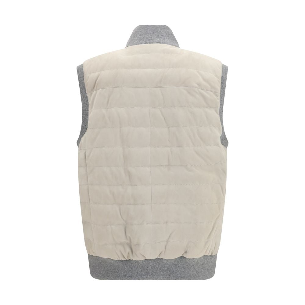 Brunello Cucinelli Beige Calf Leather Bos Taurus Sleeveless Jacket Brunello Cucinelli