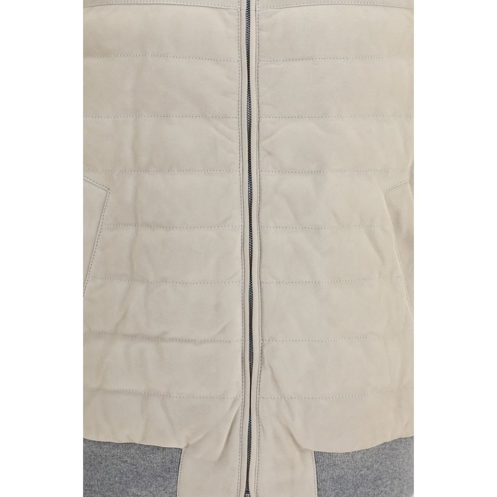 Brunello Cucinelli Beige Calf Leather Bos Taurus Sleeveless Jacket Brunello Cucinelli