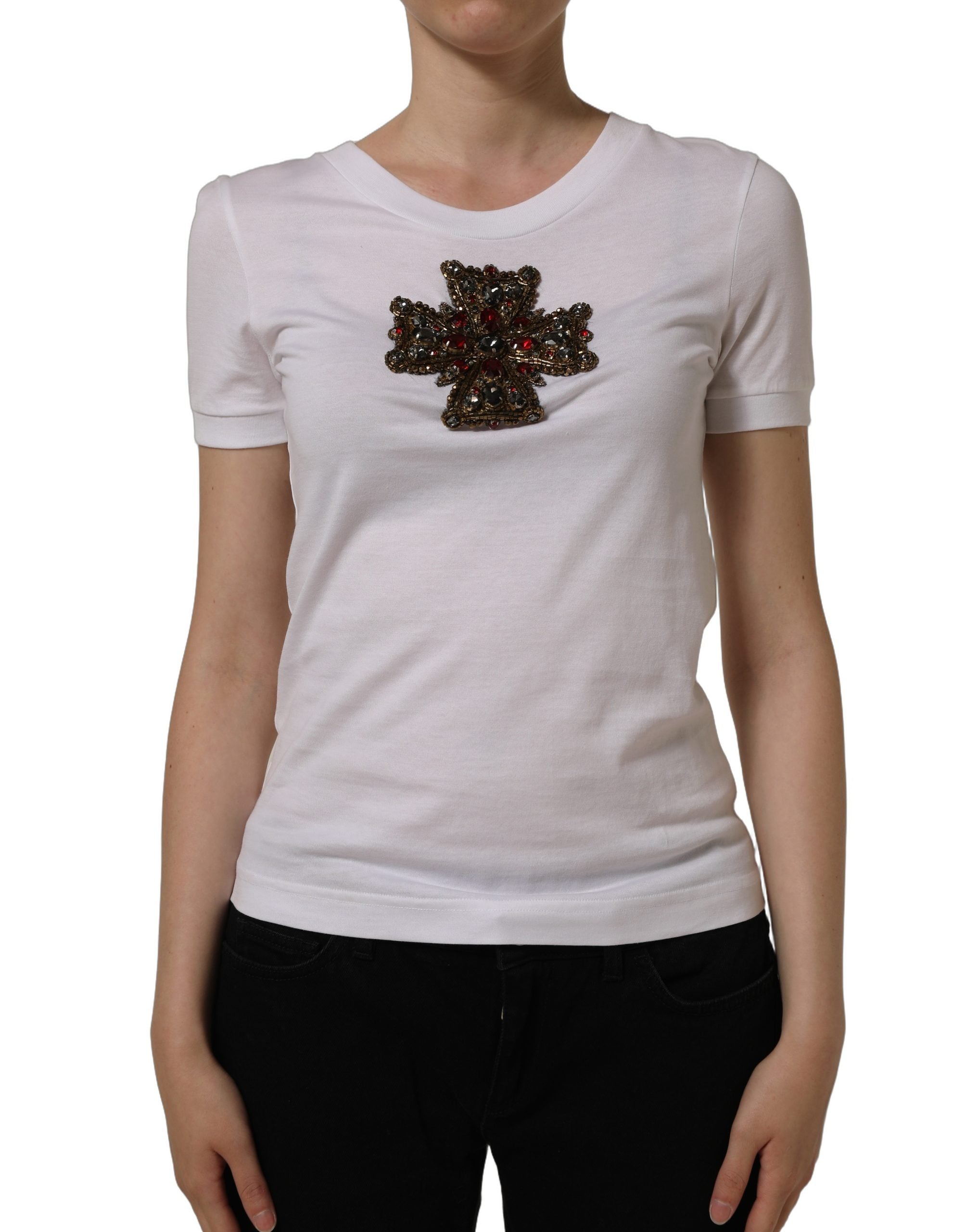 Dolce & Gabbana White Crystal Embellished Cross Top T-shirt Dolce & Gabbana