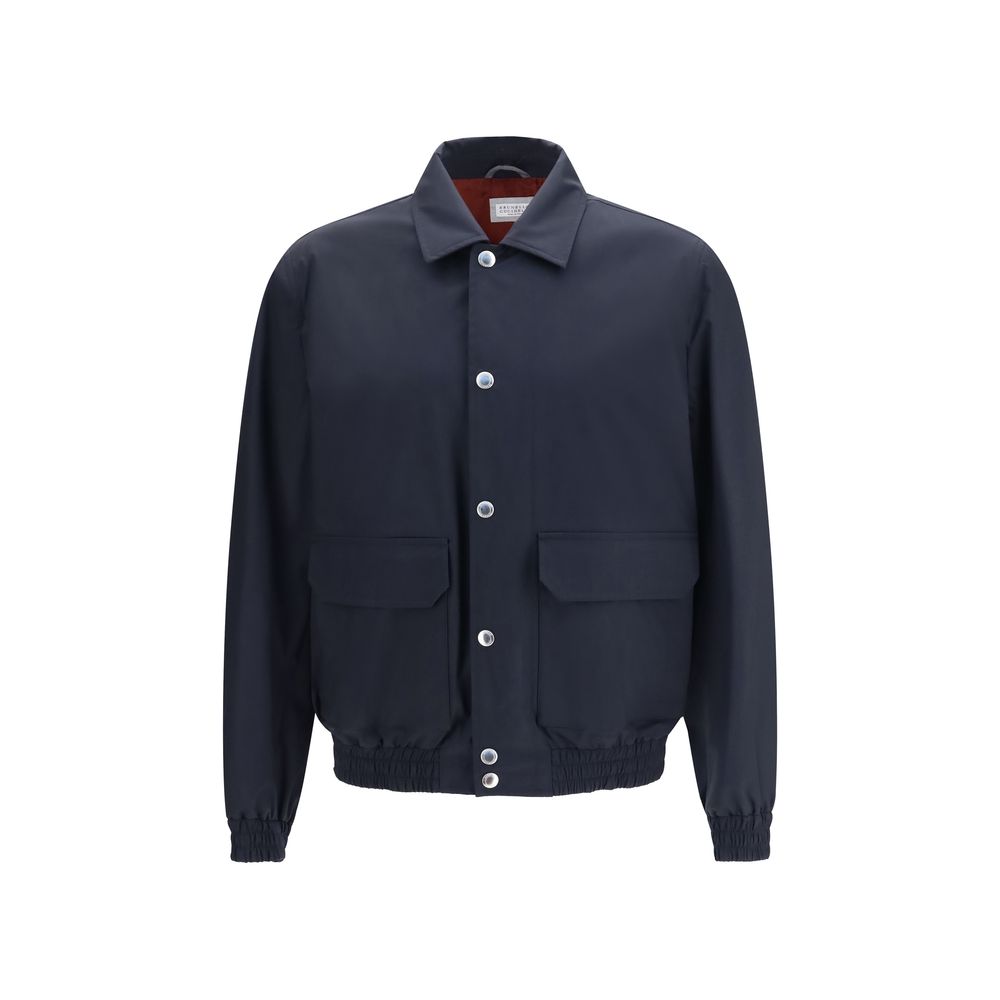 Brunello Cucinelli Blue Silk Biker Jacket Brunello Cucinelli