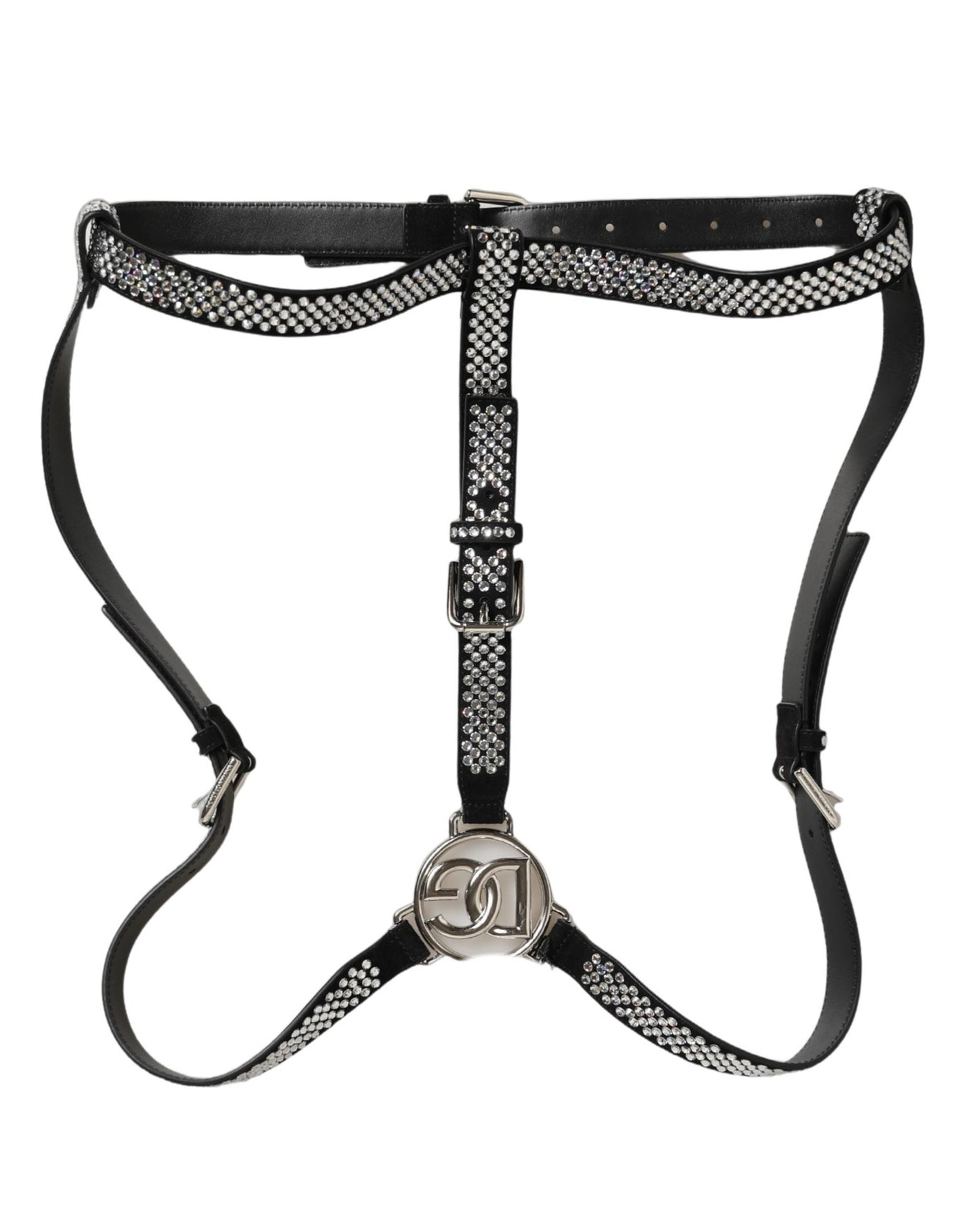 Dolce & Gabbana Black Leather Rhinestones Embellished Men Suspender Dolce & Gabbana