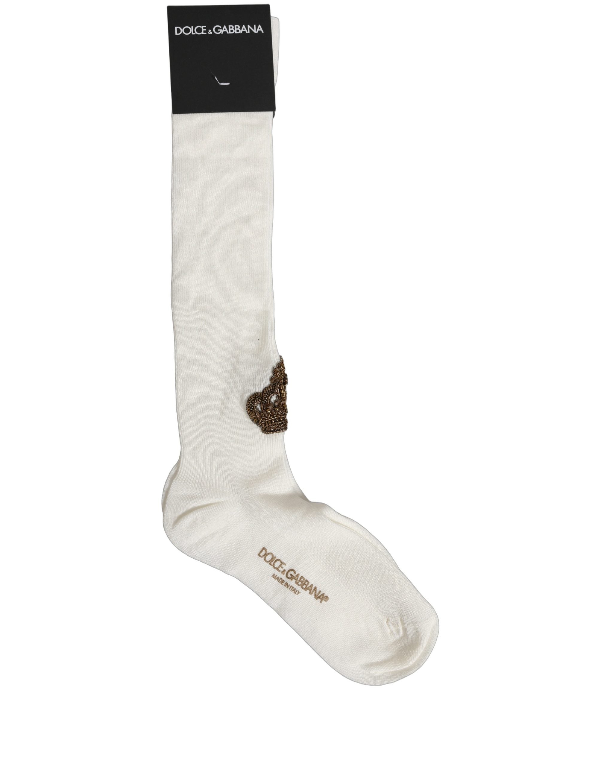Dolce & Gabbana White Crown Embroidery Knee High Accessory Socks Dolce & Gabbana