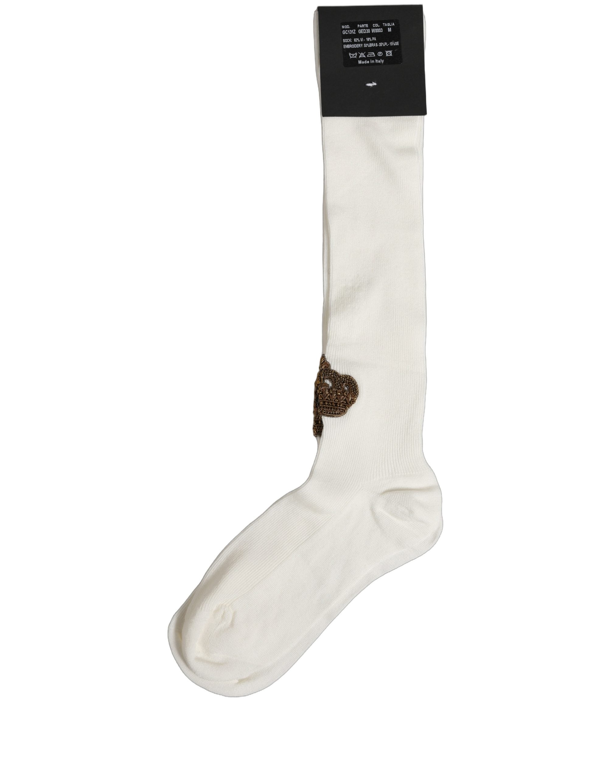 Dolce & Gabbana White Crown Embroidery Knee High Accessory Socks Dolce & Gabbana