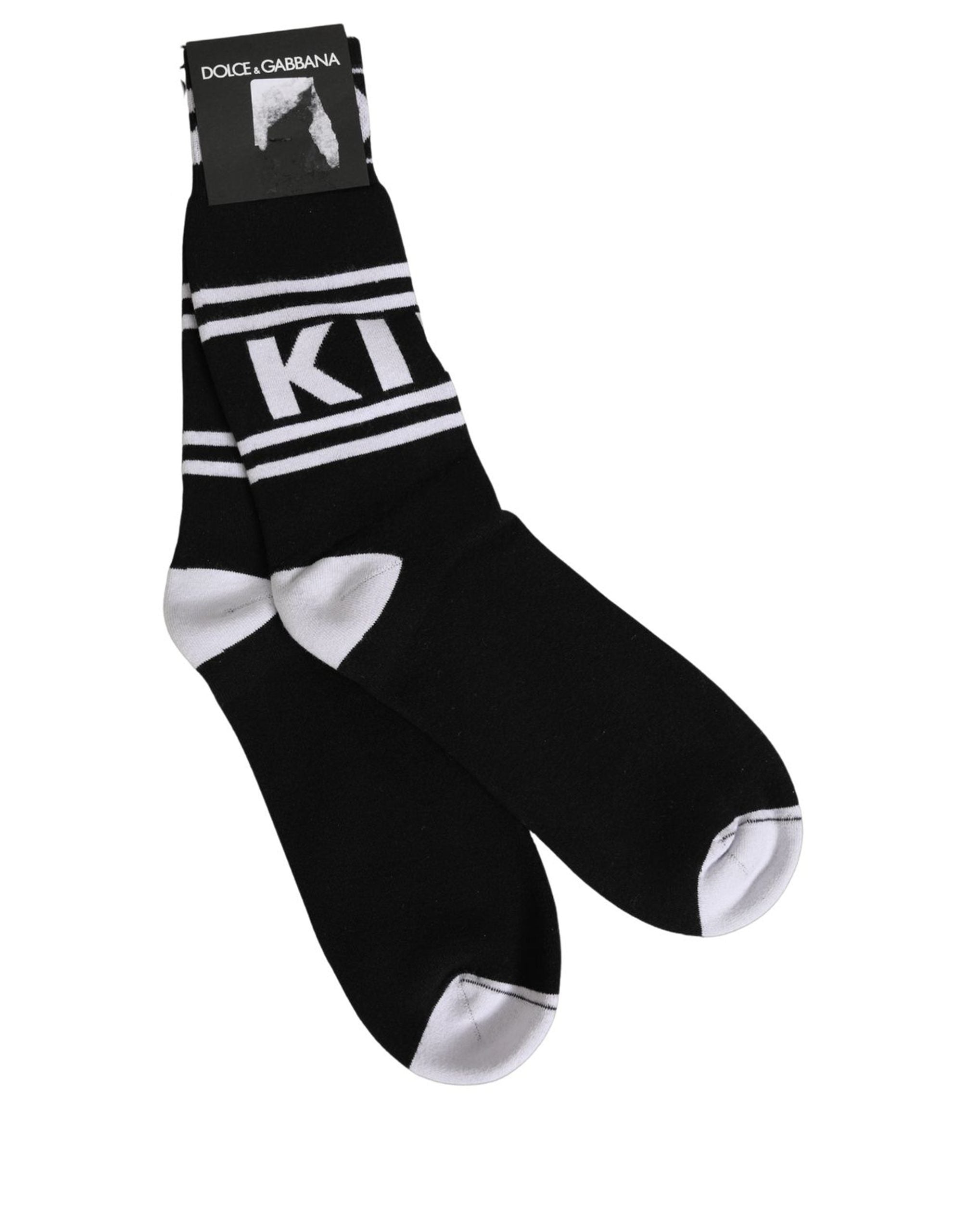 Dolce & Gabbana Black White Logo Stripes Mid Calf Accessory Socks Dolce & Gabbana