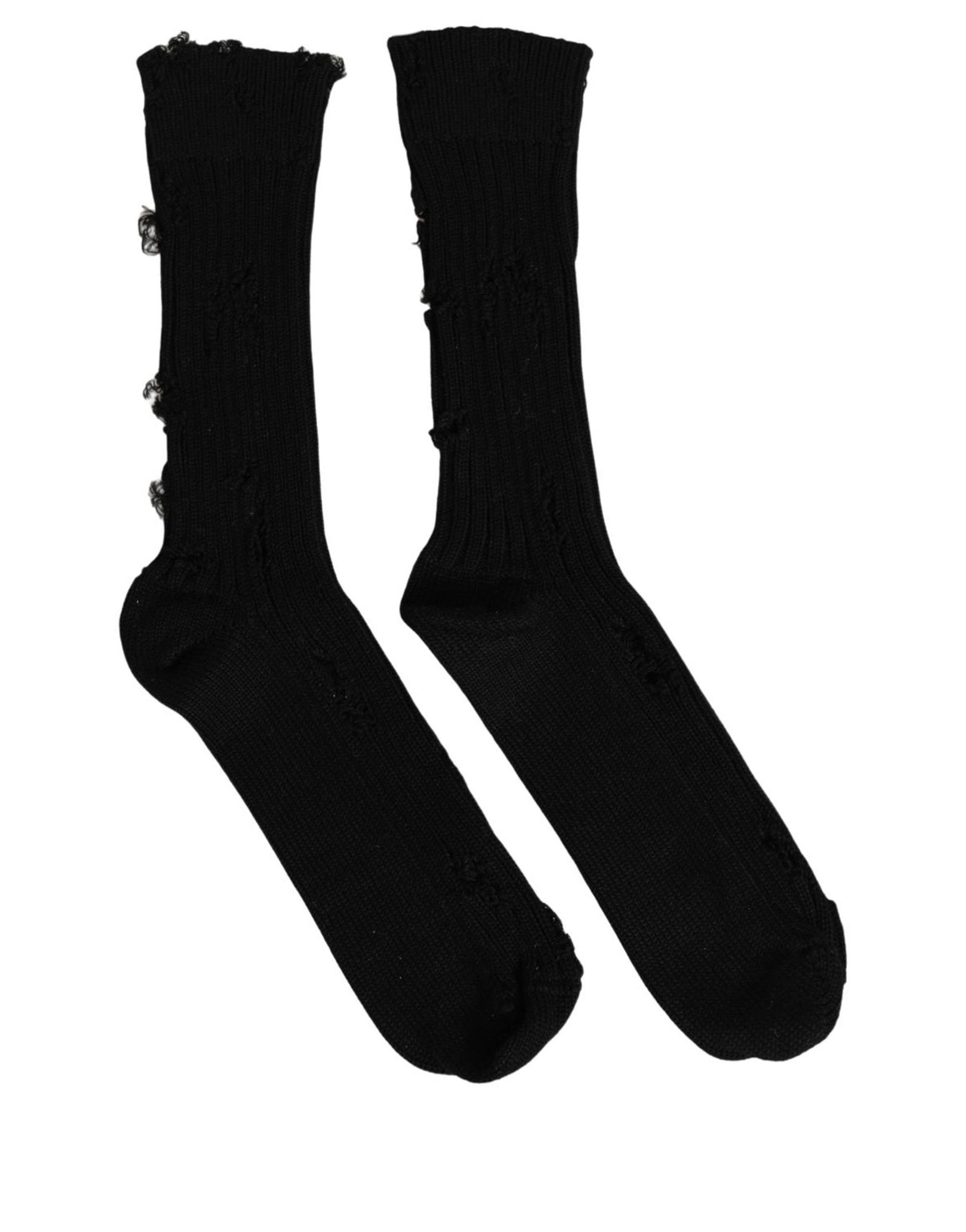 Dolce & Gabbana Black Cotton Distressed Mid Calf Accessory Socks Dolce & Gabbana