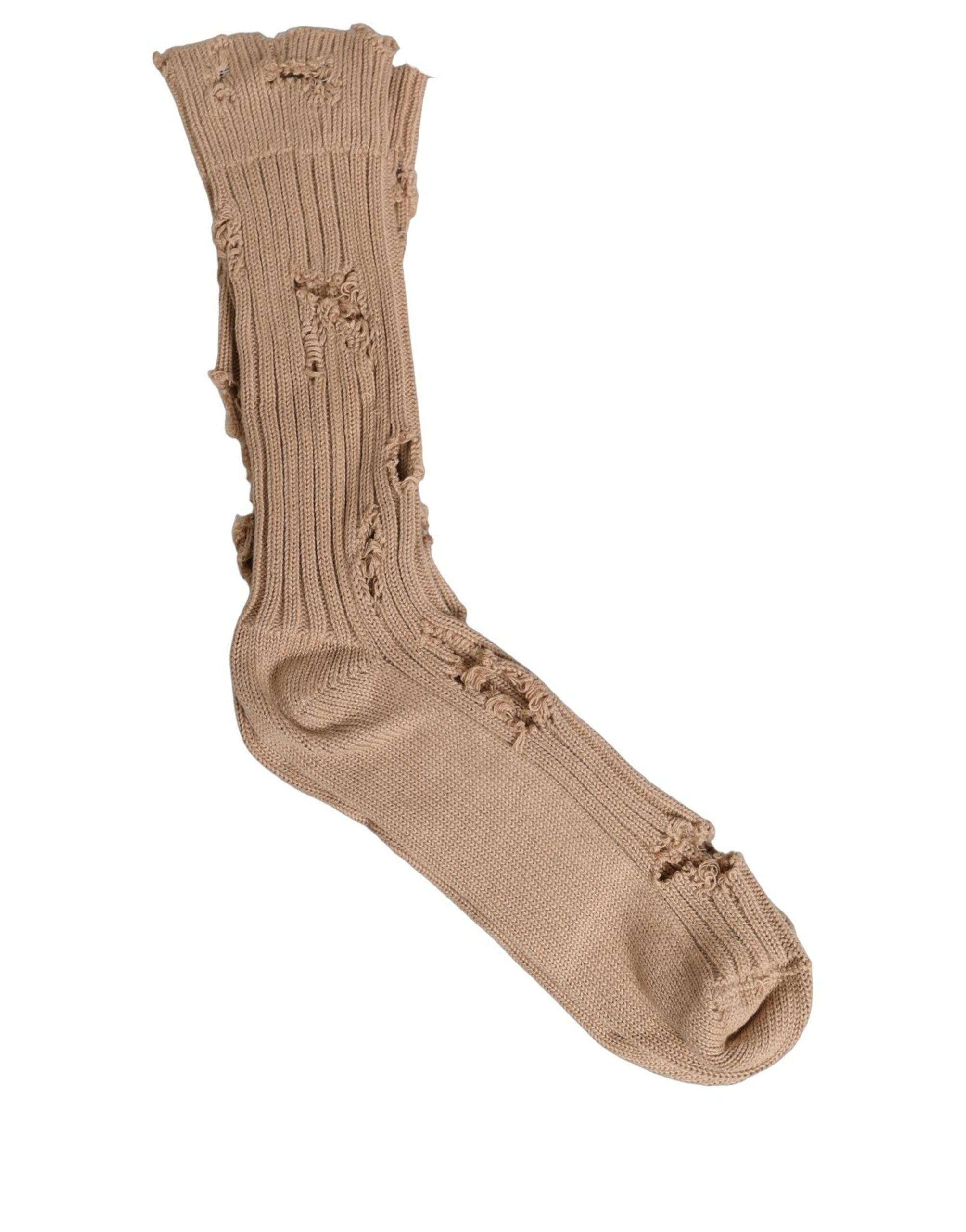 Dolce & Gabbana Beige Cotton Distressed Mid Calf Accessory Socks Dolce & Gabbana