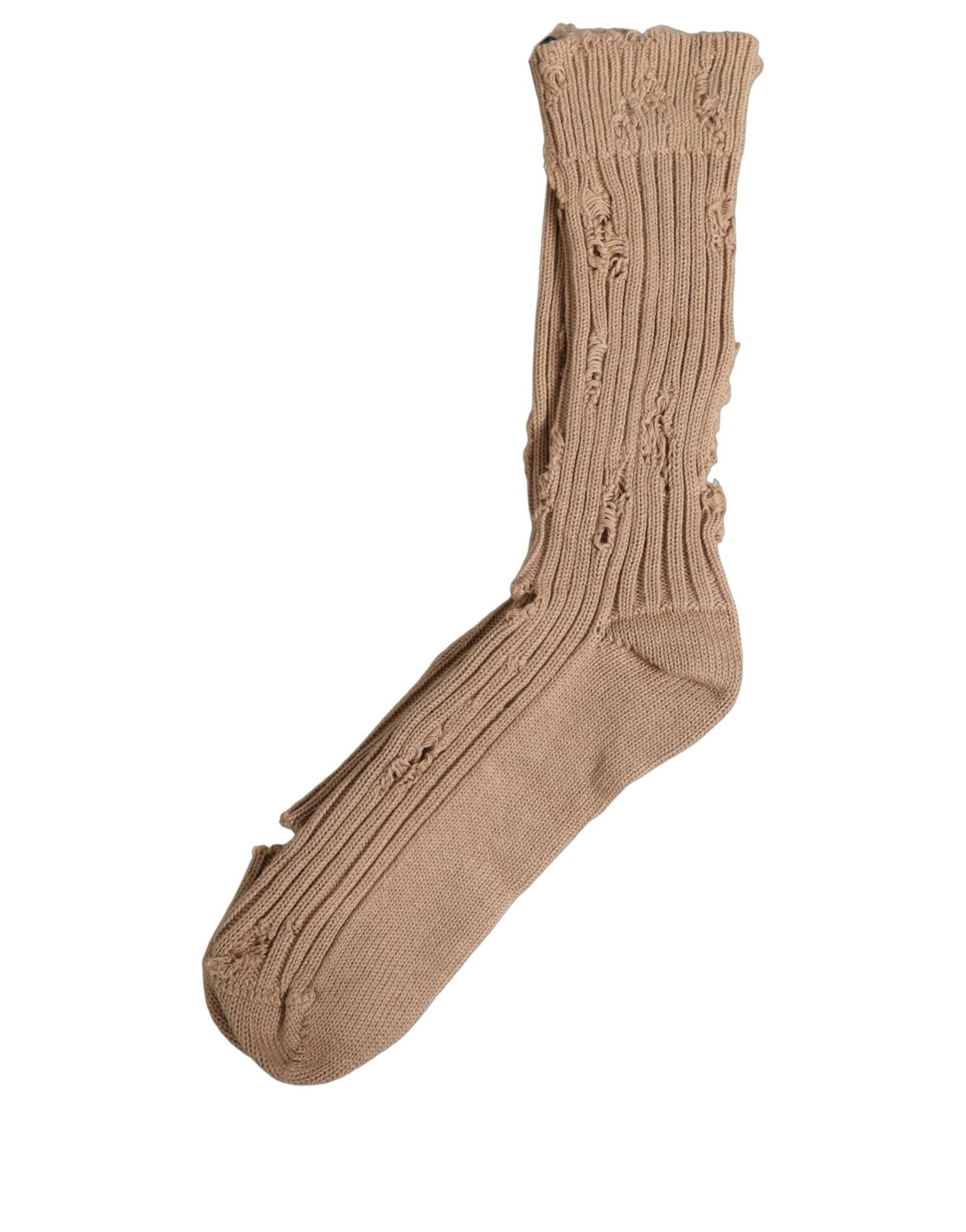 Dolce & Gabbana Beige Cotton Distressed Mid Calf Accessory Socks Dolce & Gabbana