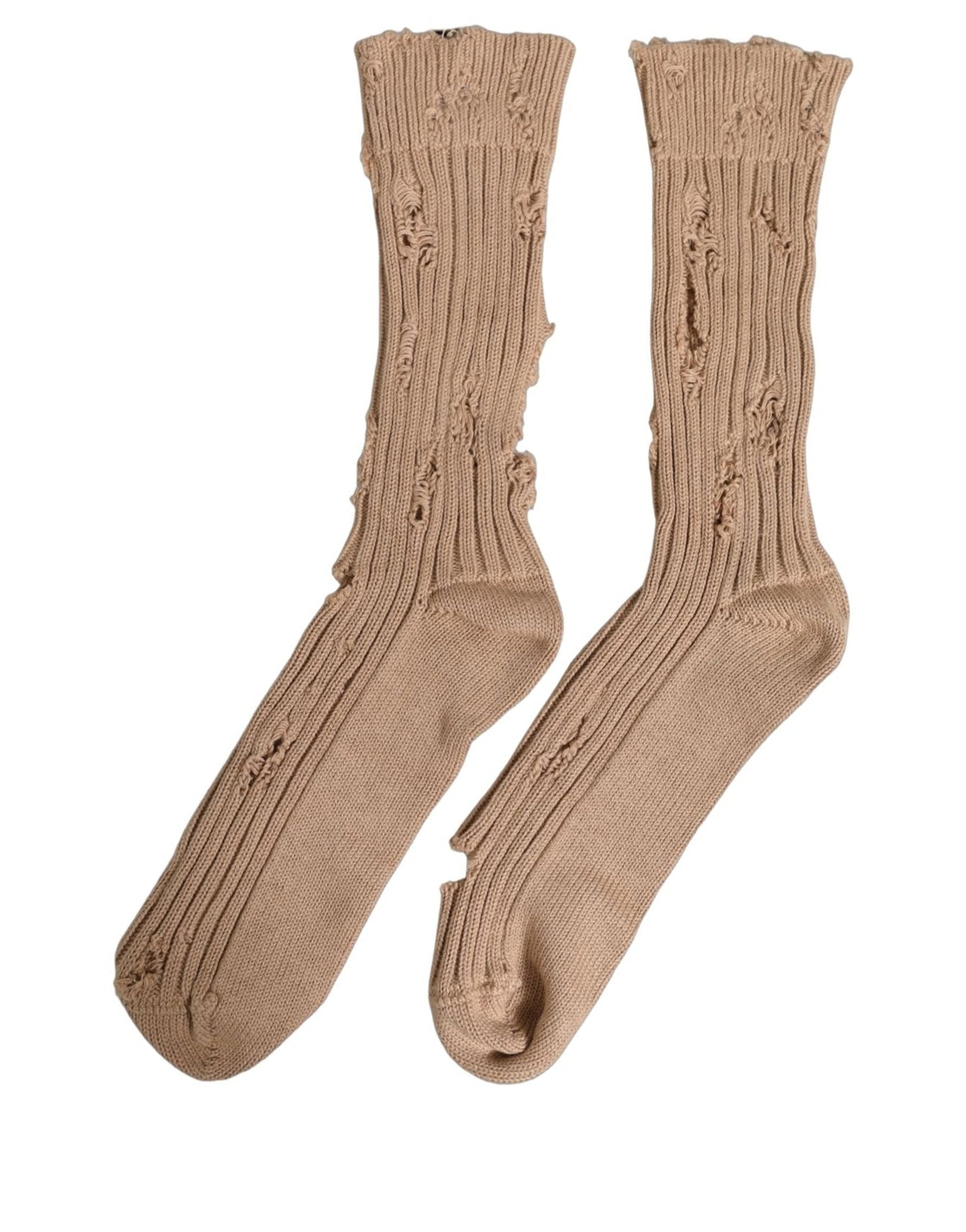 Dolce & Gabbana Beige Cotton Distressed Mid Calf Accessory Socks Dolce & Gabbana