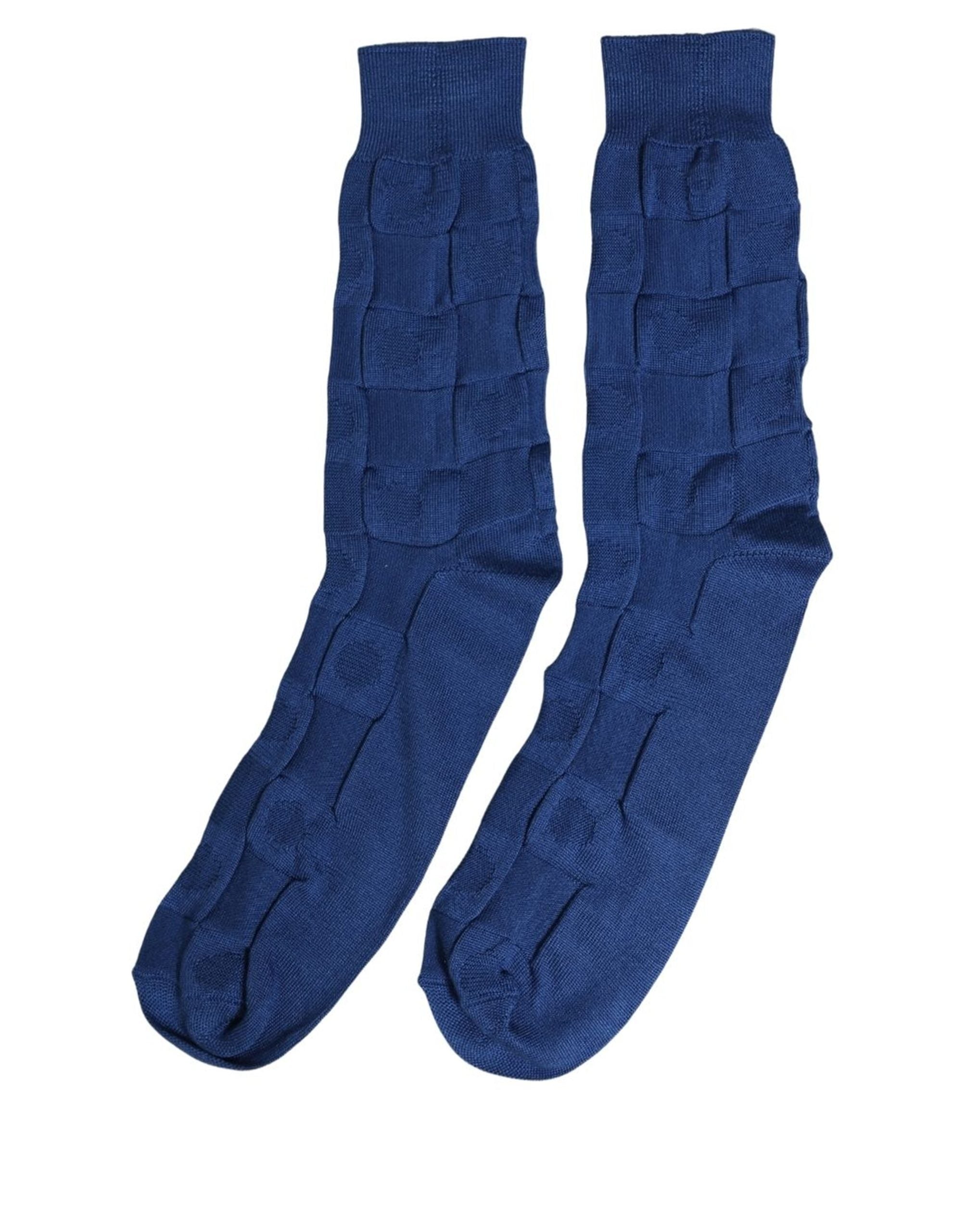 Dolce & Gabbana Royal Blue Checkered Silk Mid Calf Accessory Socks Dolce & Gabbana