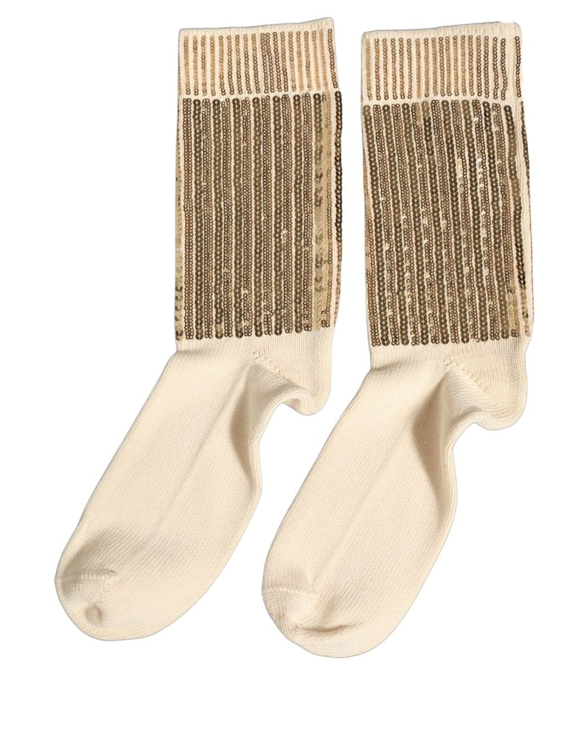 Dolce & Gabbana Off White Sequin Cotton Mid Calf Accessory Socks Dolce & Gabbana