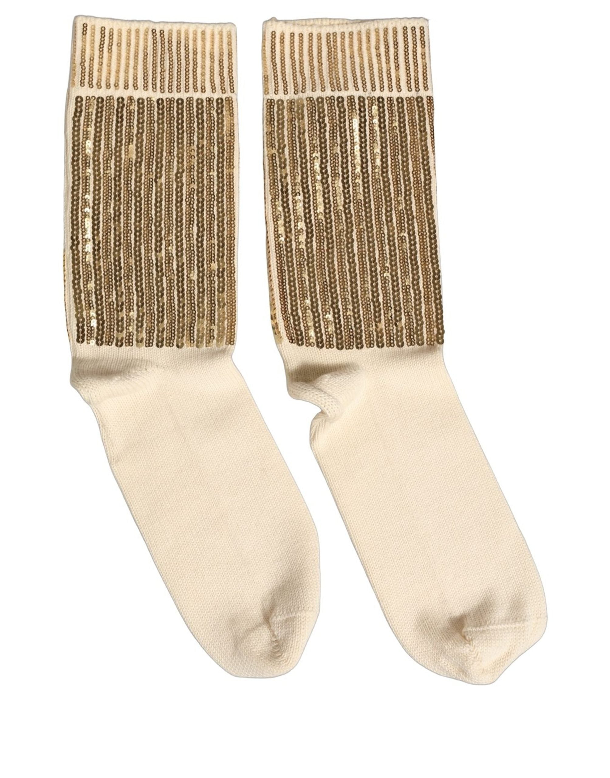 Dolce & Gabbana Off White Sequin Cotton Mid Calf Accessory Socks Dolce & Gabbana