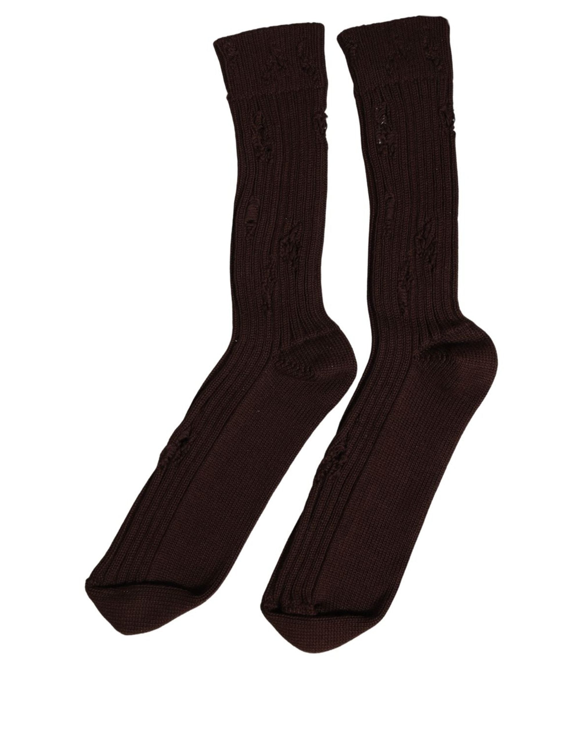 Dolce & Gabbana Dark Brown Cotton Distressed Mid Calf Accessory Socks Dolce & Gabbana