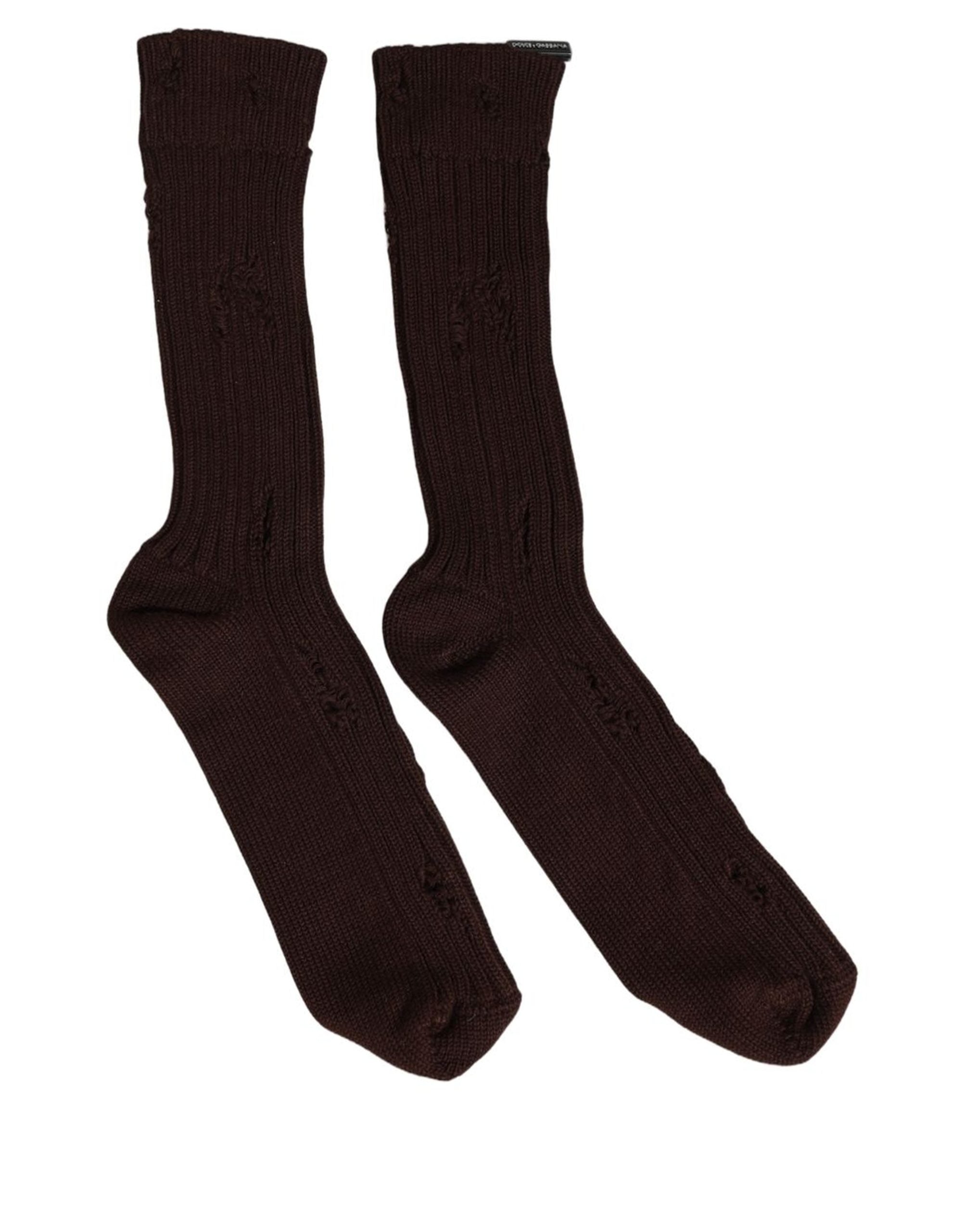 Dolce & Gabbana Dark Brown Cotton Distressed Mid Calf Accessory Socks Dolce & Gabbana