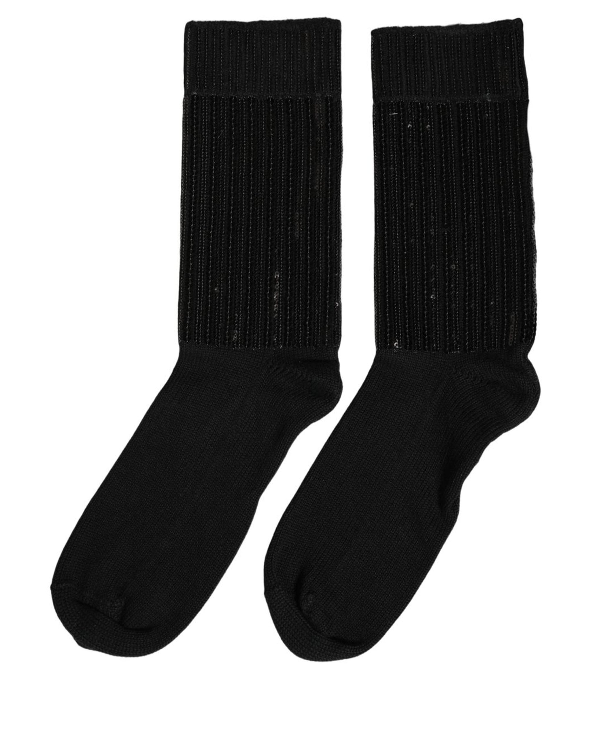 Dolce & Gabbana Black Sequin Cotton Knit Mid Calf Accessory Socks Dolce & Gabbana