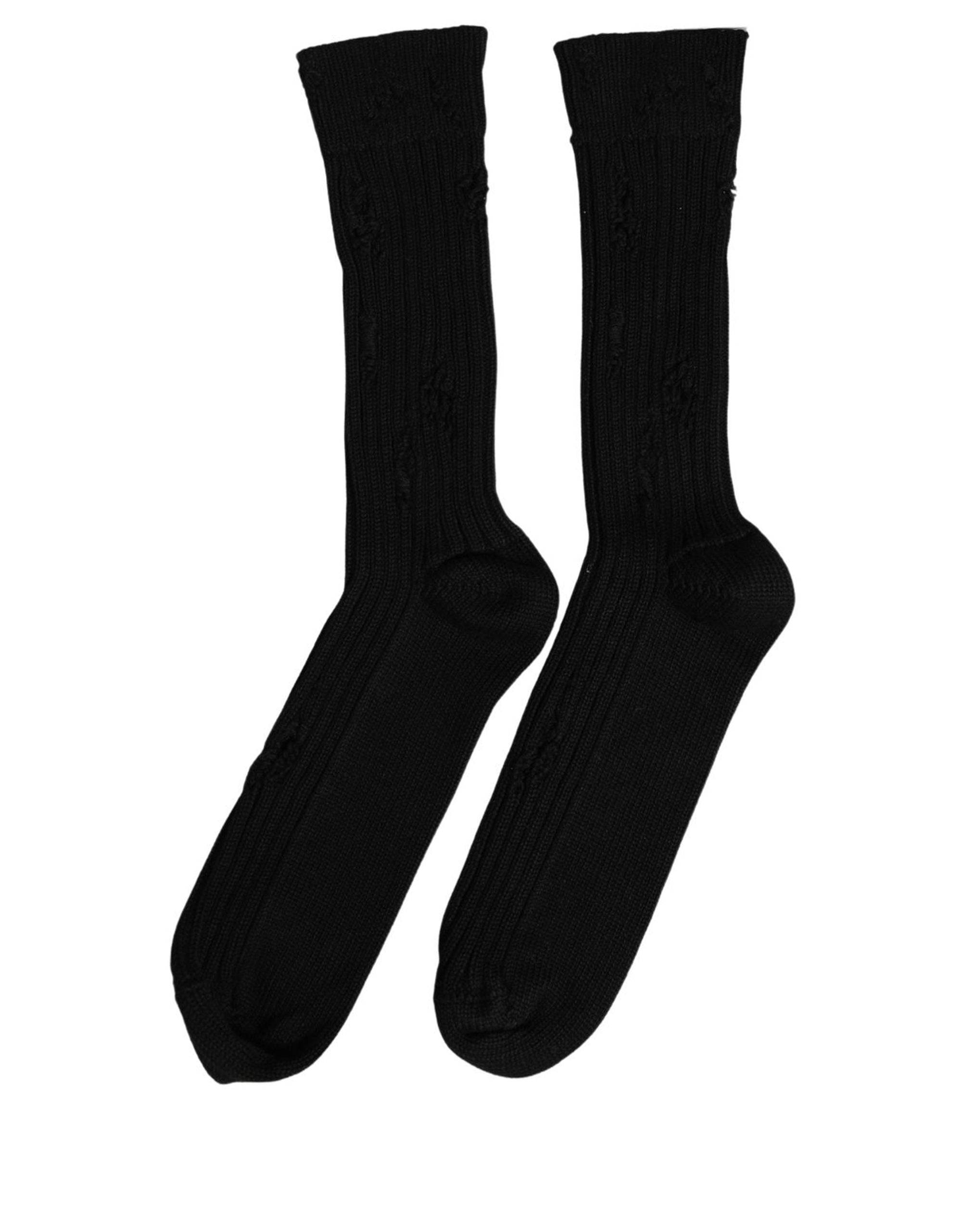 Dolce & Gabbana Men Black Cotton Distressed Mid Calf Accessory Socks Dolce & Gabbana