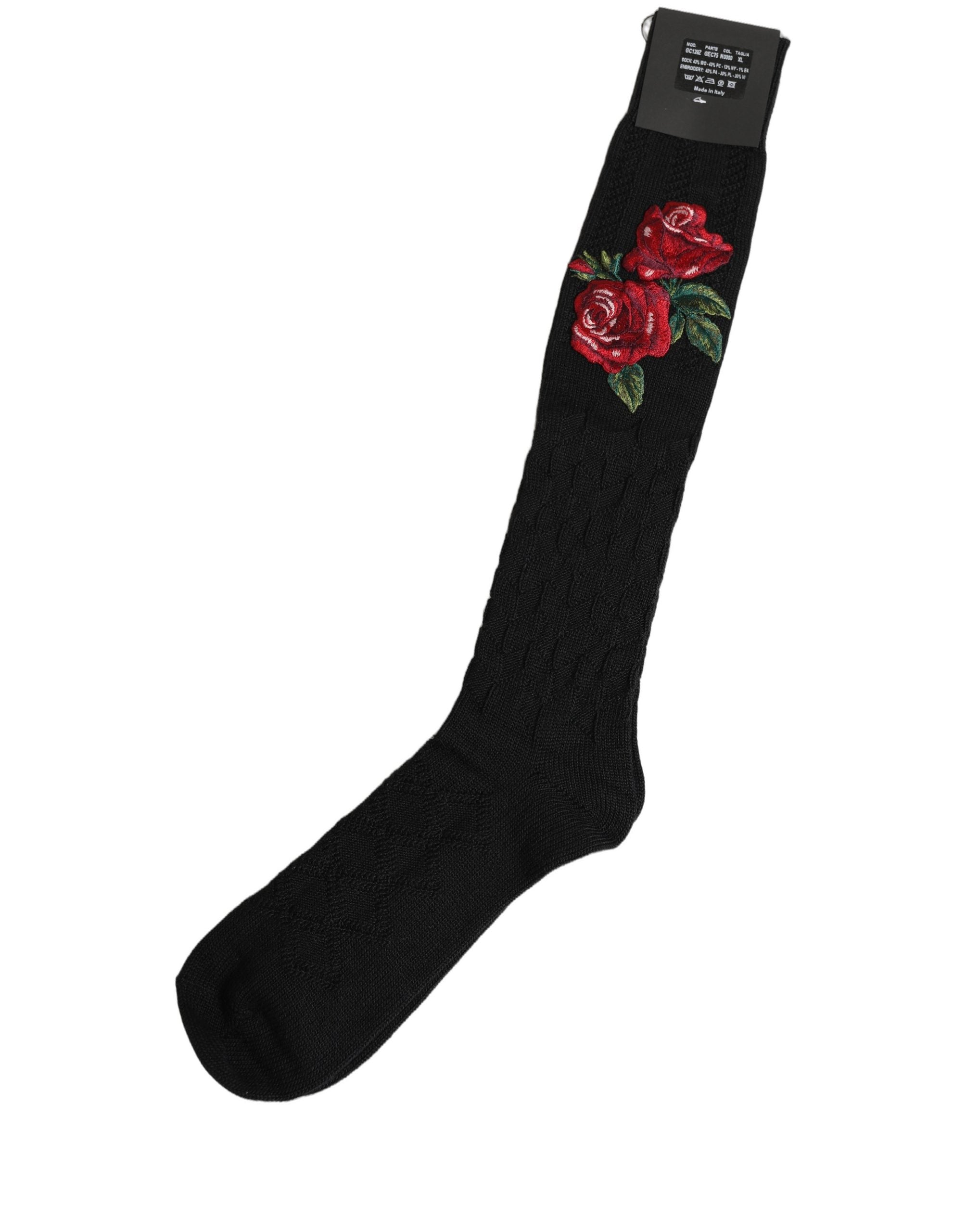 Dolce & Gabbana Black Wool Floral Over The Calf Accessory Socks Dolce & Gabbana