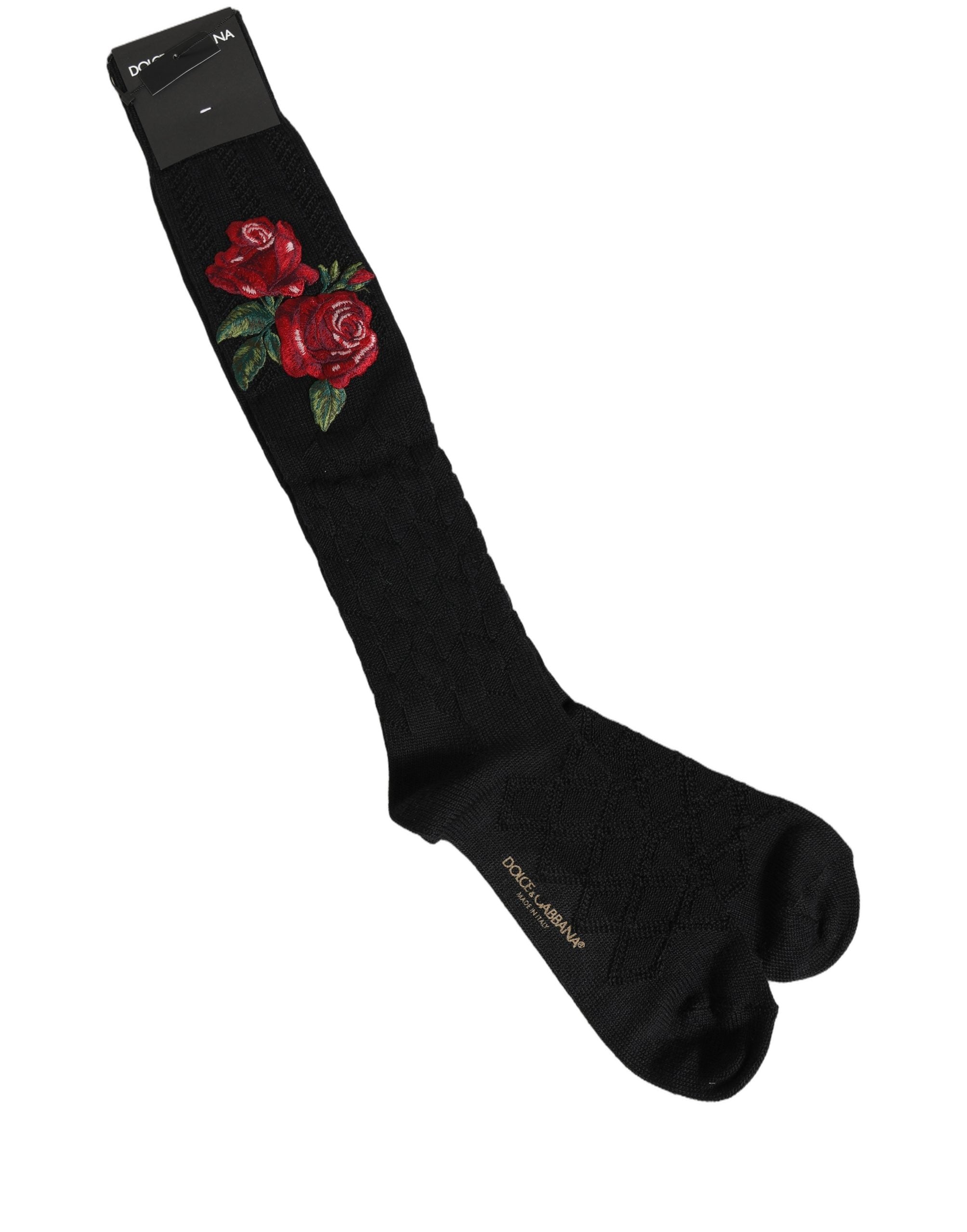 Dolce & Gabbana Black Wool Floral Over The Calf Accessory Socks Dolce & Gabbana