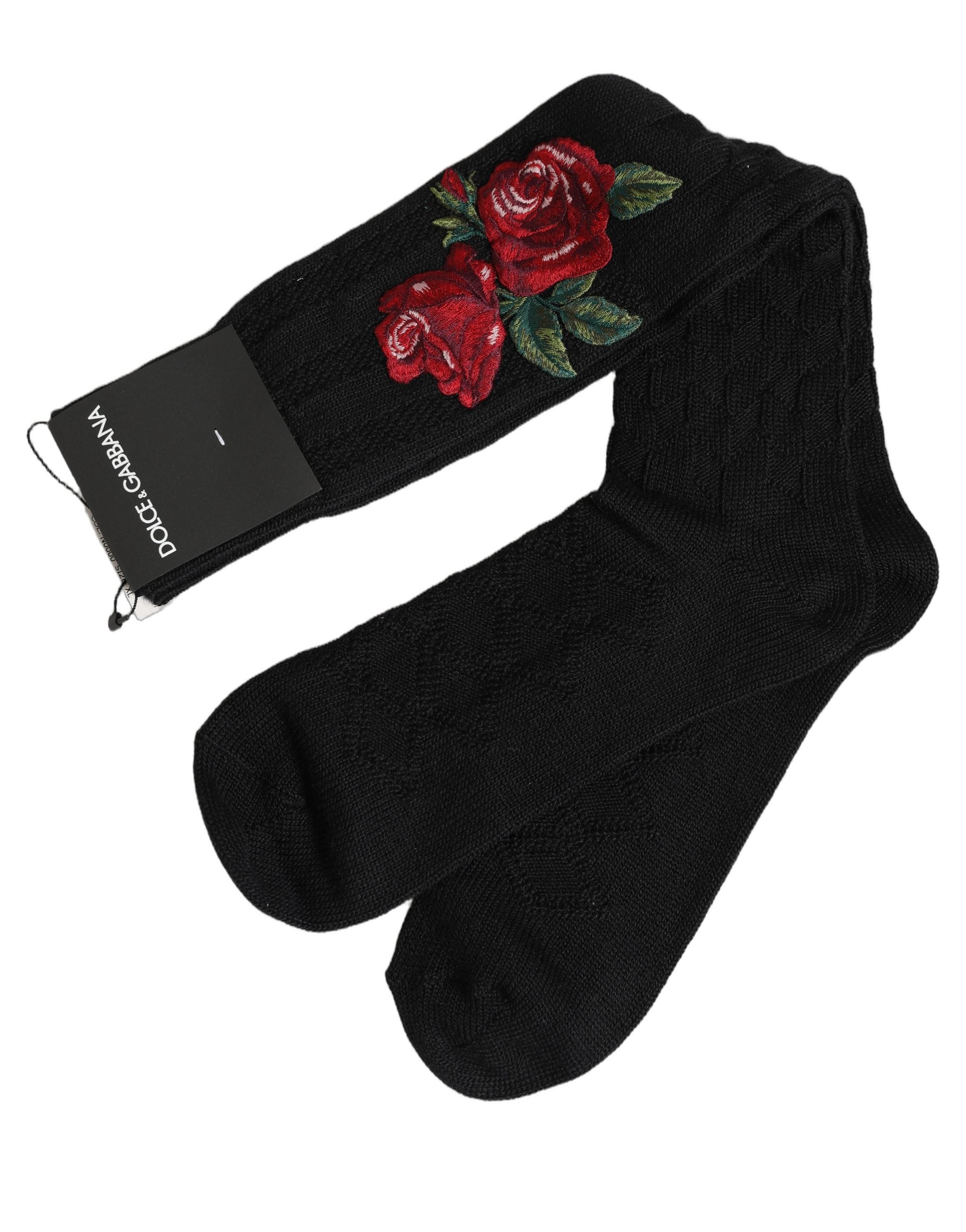 Dolce & Gabbana Black Wool Floral Over The Calf Accessory Socks Dolce & Gabbana