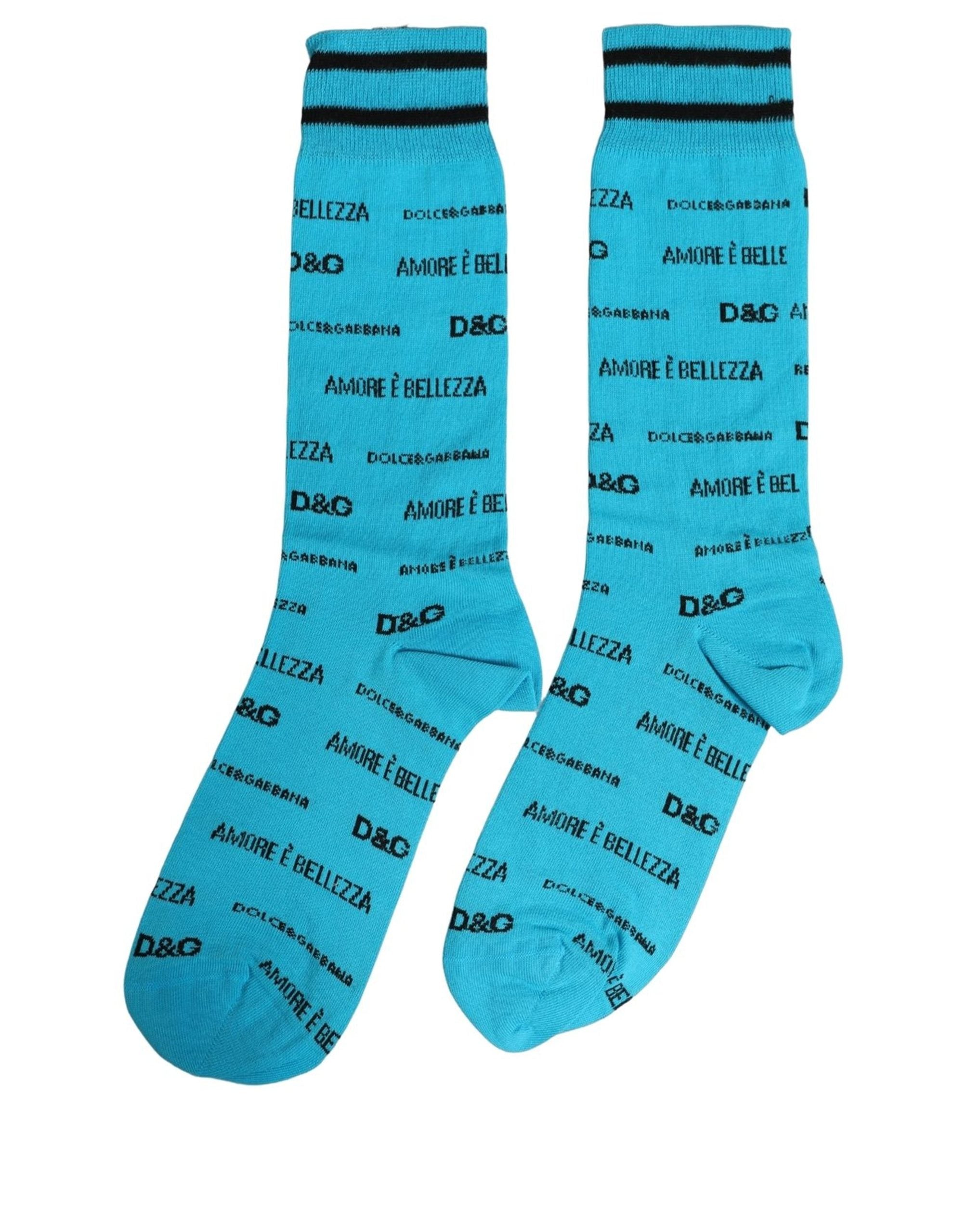 Dolce & Gabbana Light Blue Cotton Logo Mid Calf Accessory Socks Dolce & Gabbana
