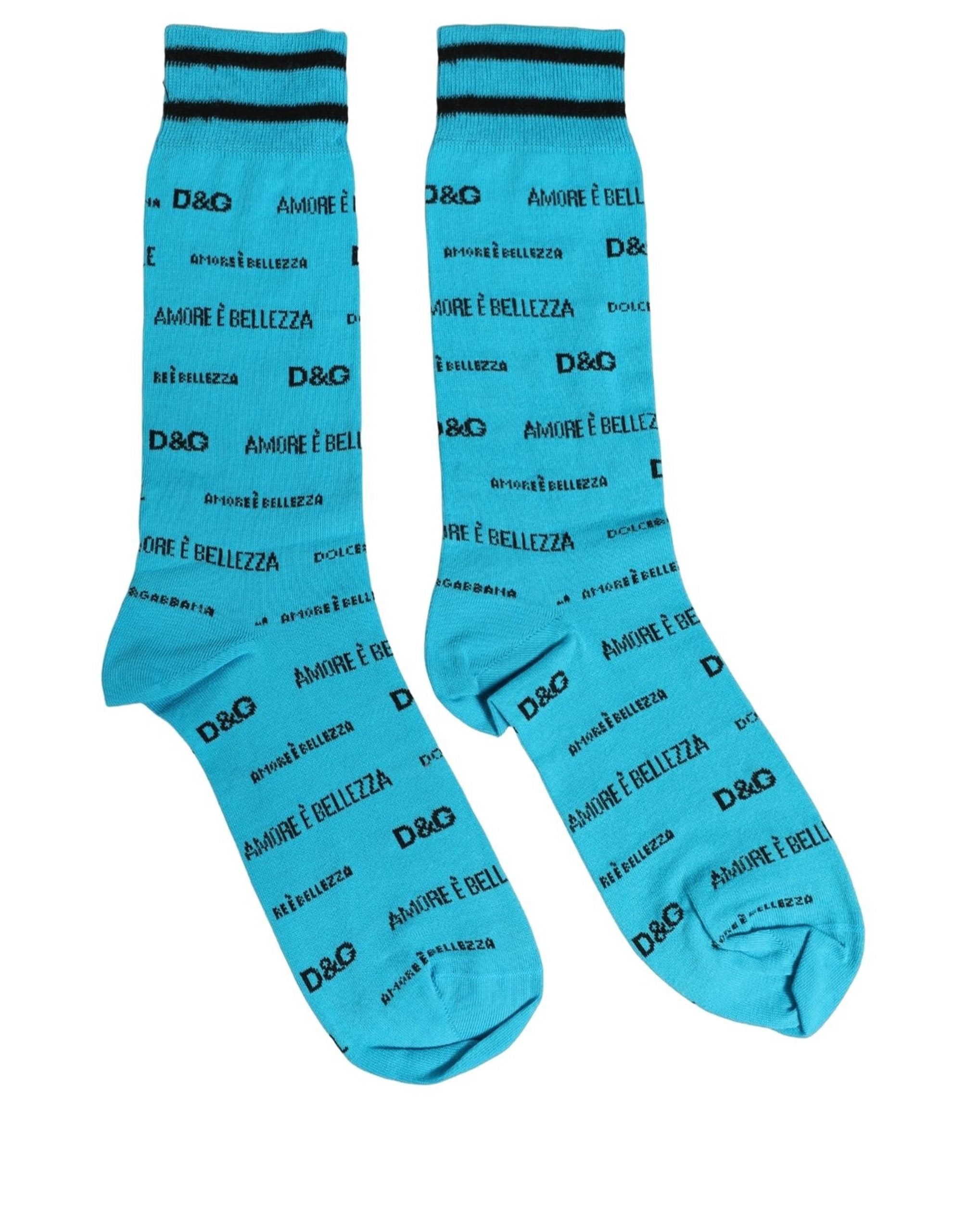 Dolce & Gabbana Light Blue Cotton Logo Mid Calf Accessory Socks Dolce & Gabbana