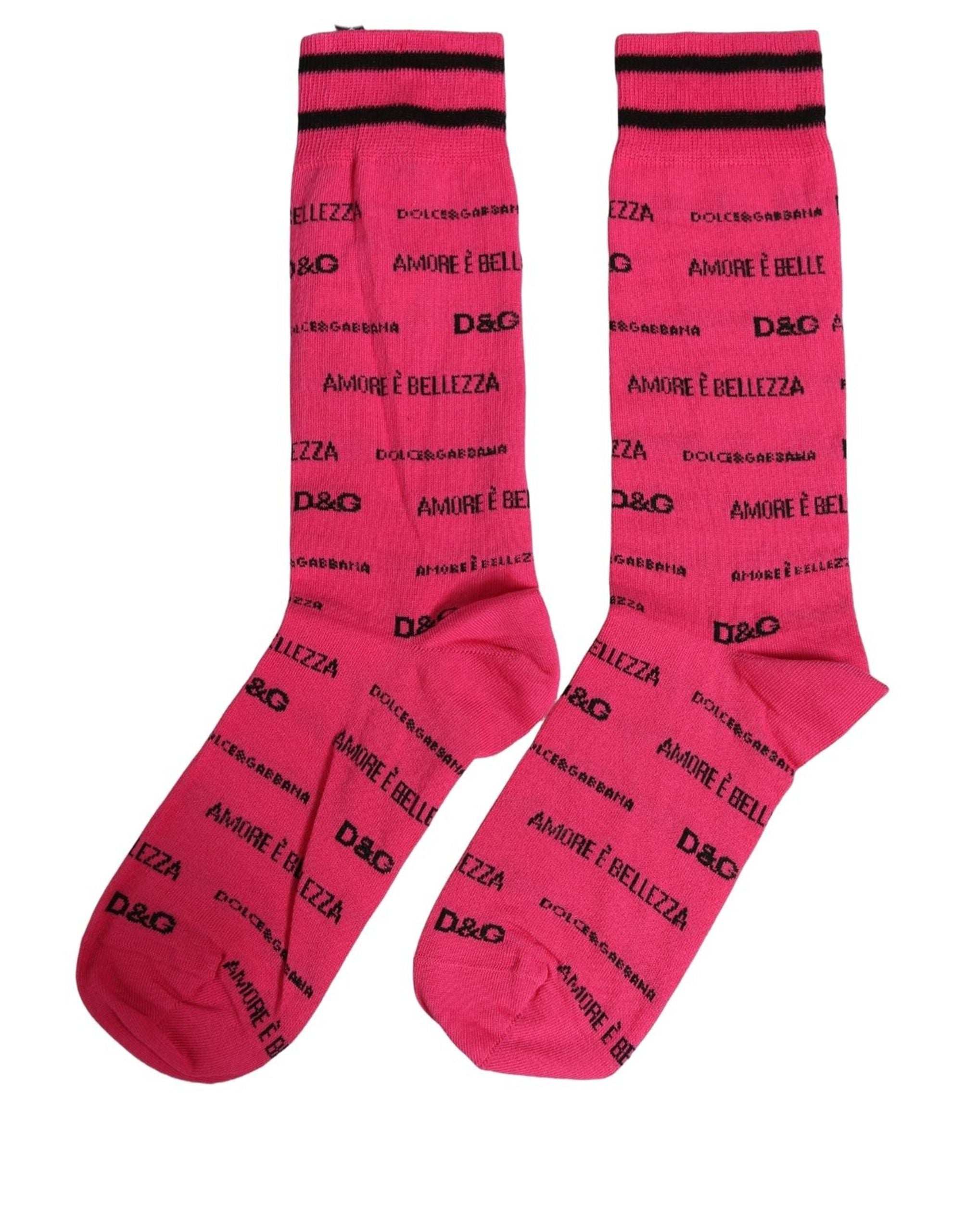 Dolce & Gabbana Pink Cotton Logo Print Mid Calf Accessory Socks Dolce & Gabbana