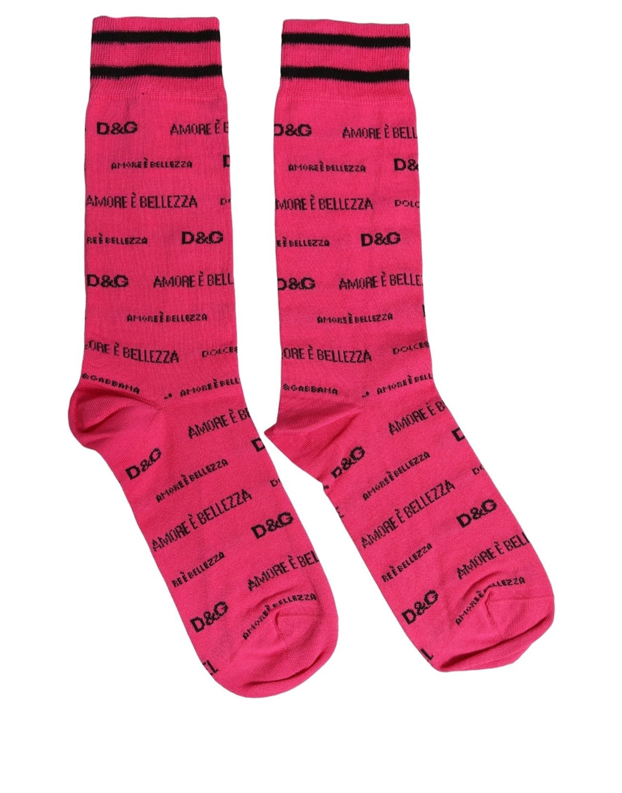 Dolce & Gabbana Pink Cotton Logo Print Mid Calf Accessory Socks Dolce & Gabbana
