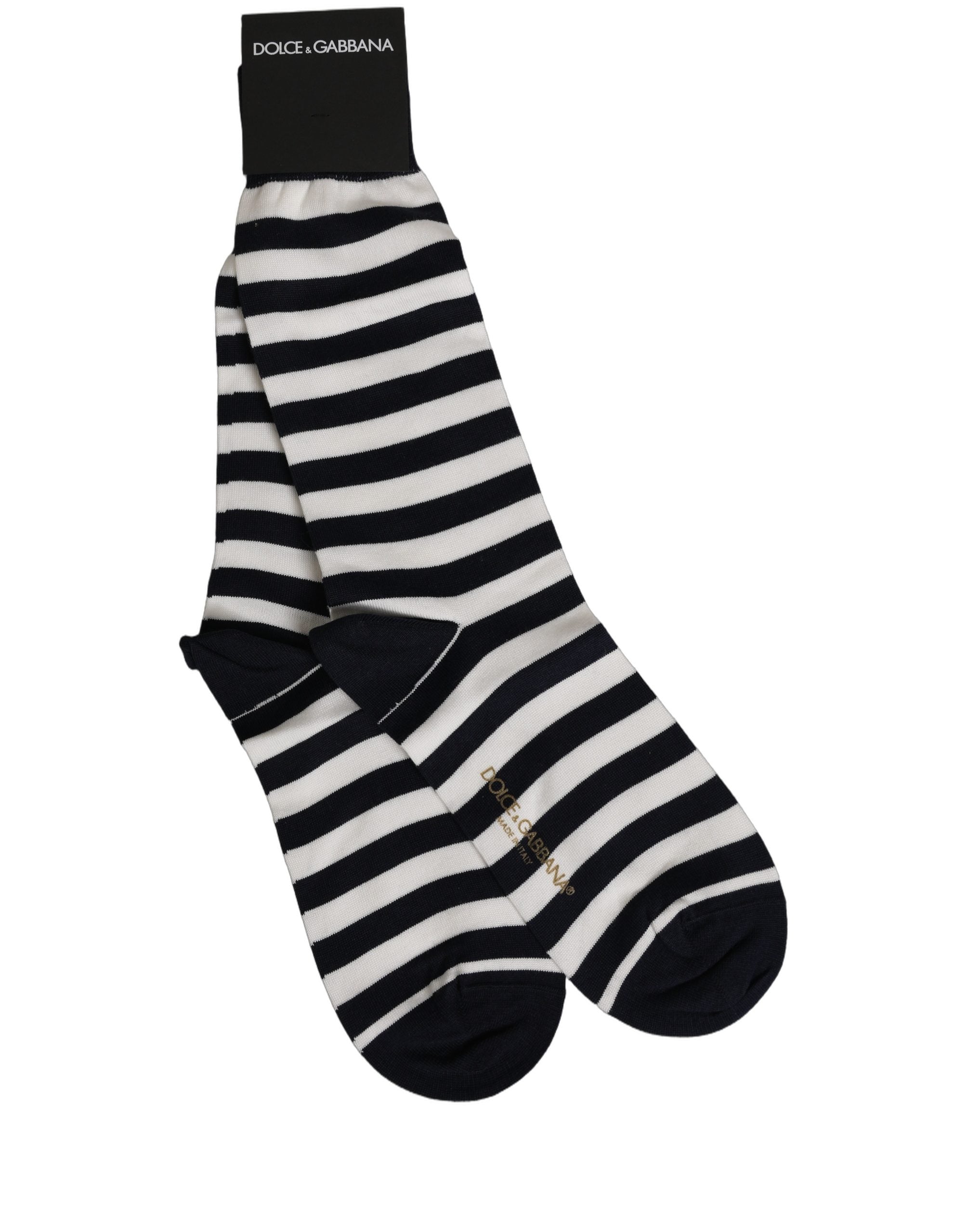 Dolce & Gabbana Black White Stripes Cotton Mid Calf Accessory Socks Dolce & Gabbana