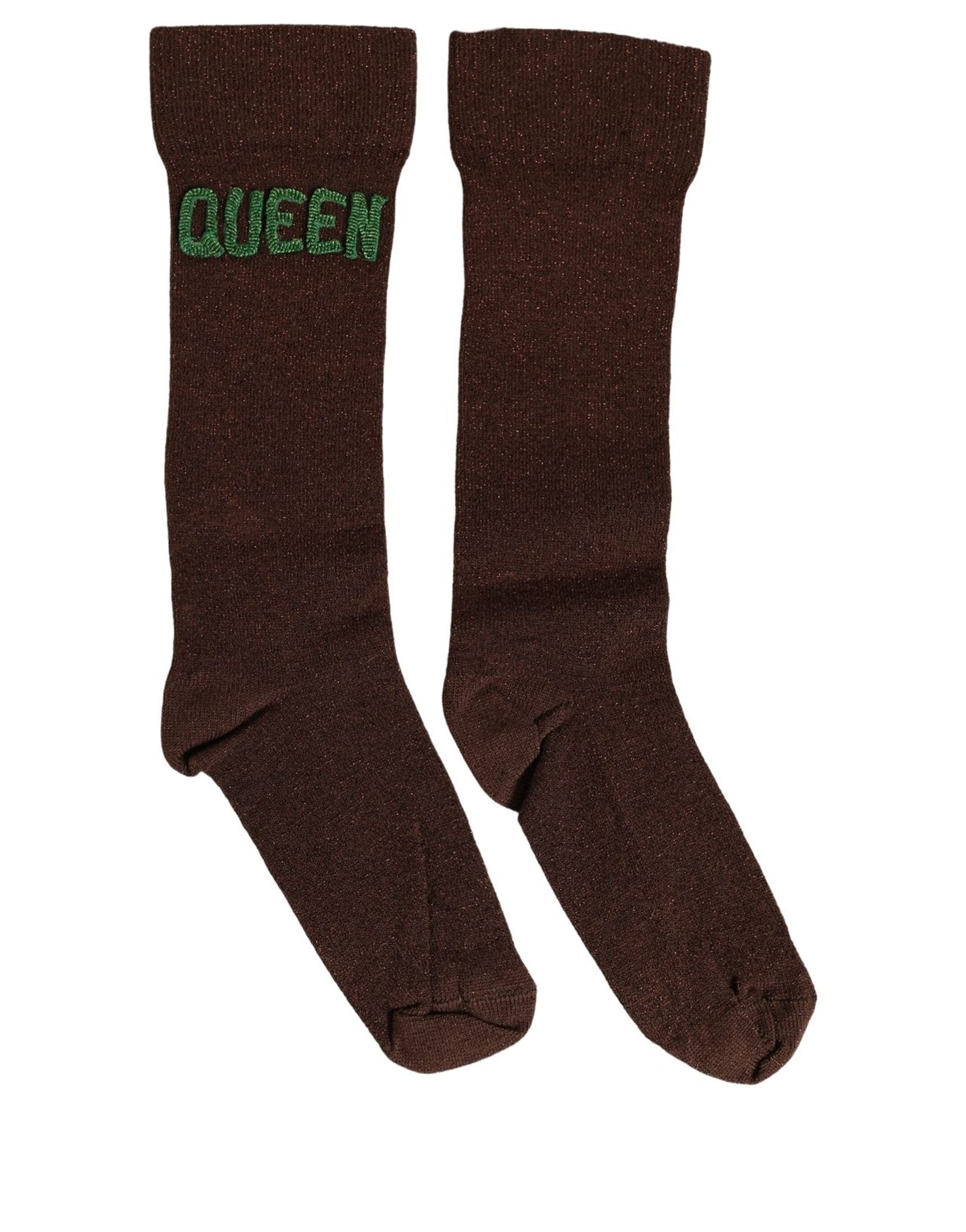 Dolce & Gabbana Brown Embroidered Cotton Mid Calf Accessory Socks Dolce & Gabbana