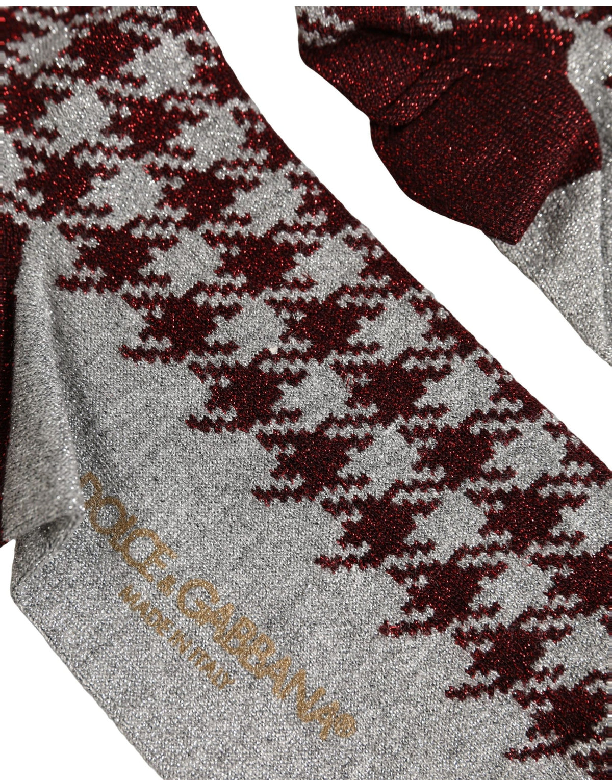 Dolce & Gabbana Maroon Gray Houndstooth Mid Calf Accessory Socks Dolce & Gabbana