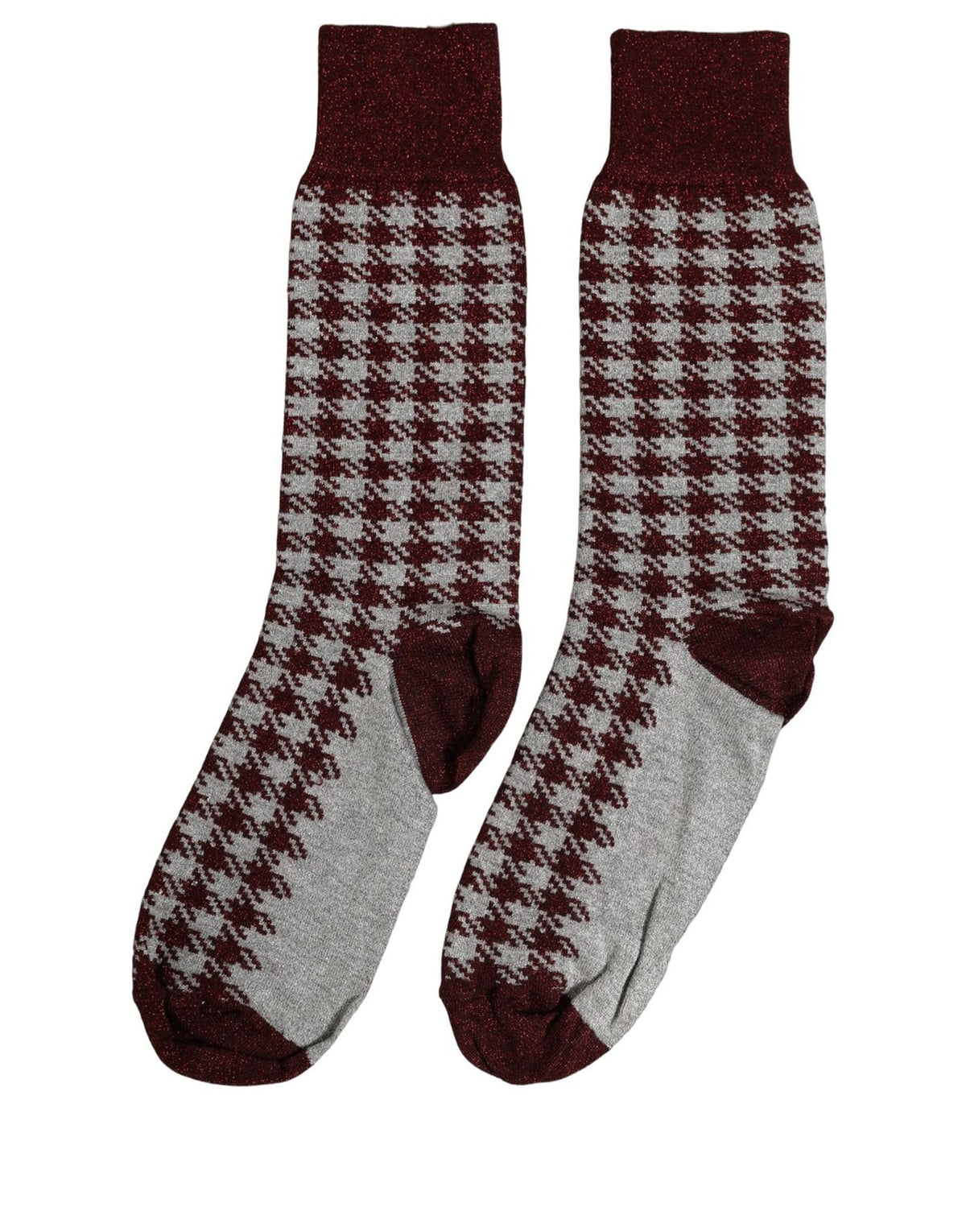 Dolce & Gabbana Maroon Gray Houndstooth Mid Calf Accessory Socks Dolce & Gabbana