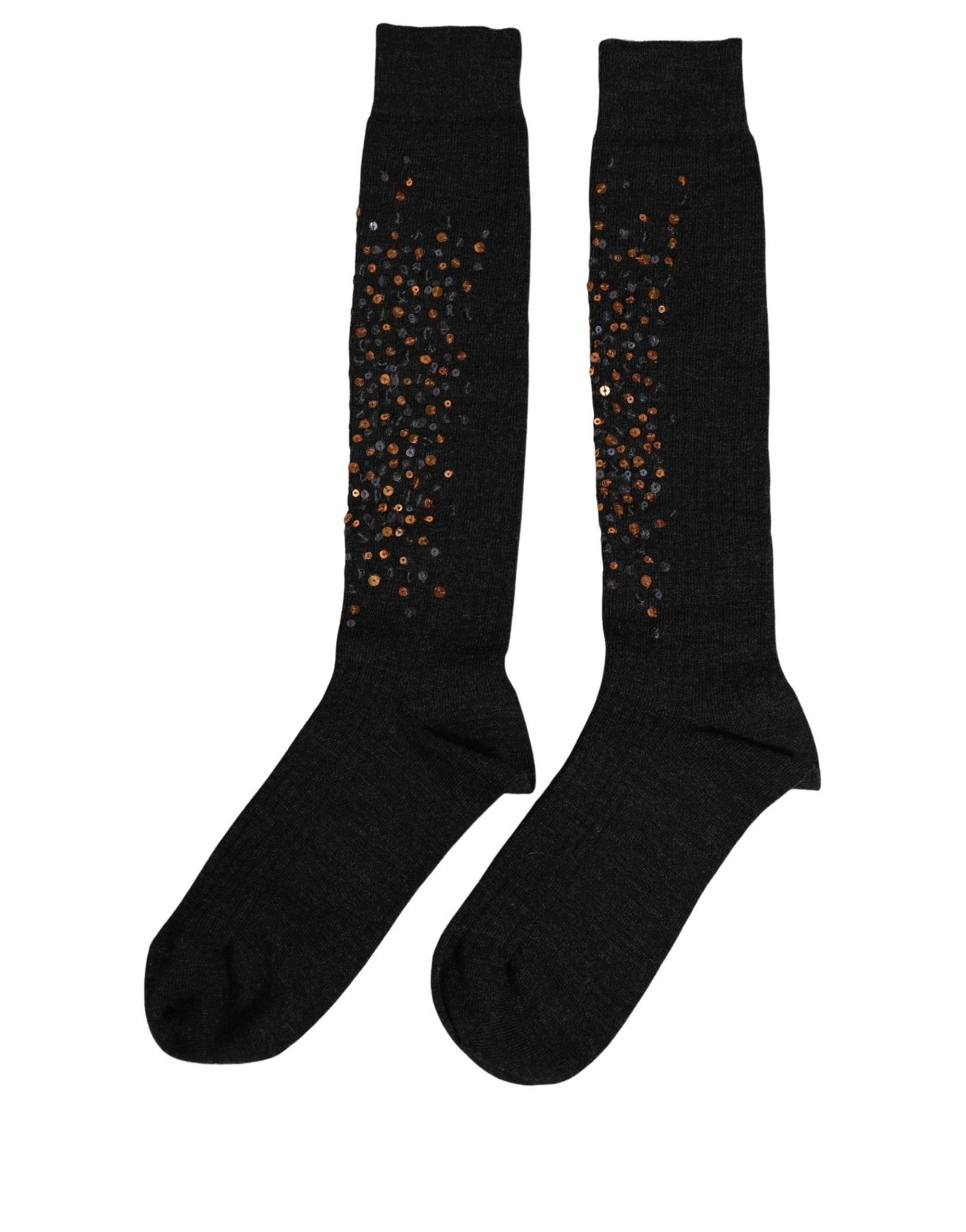 Dolce & Gabbana Dark Gray Sequined Wool Knee High Accessory Socks Dolce & Gabbana