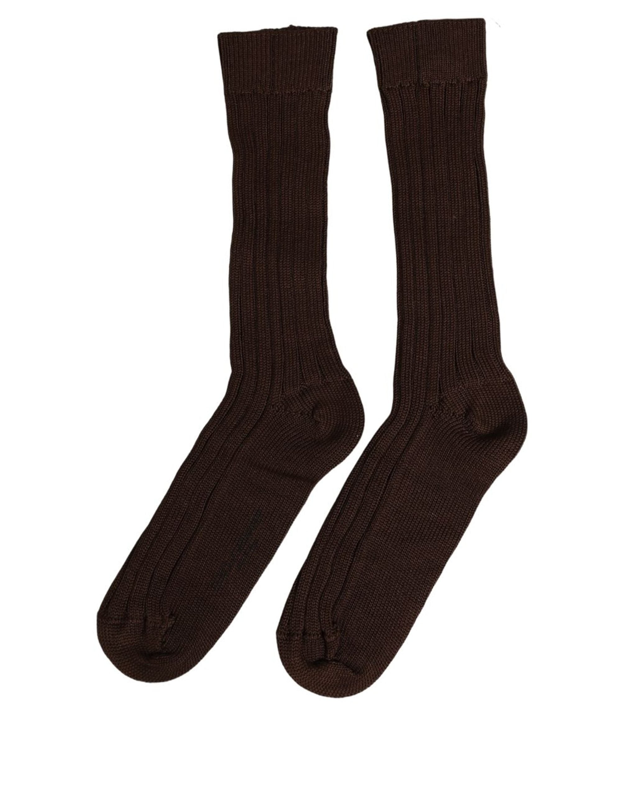Dolce & Gabbana Dark Brown Nylon Ribbed Over The Calf Socks Dolce & Gabbana
