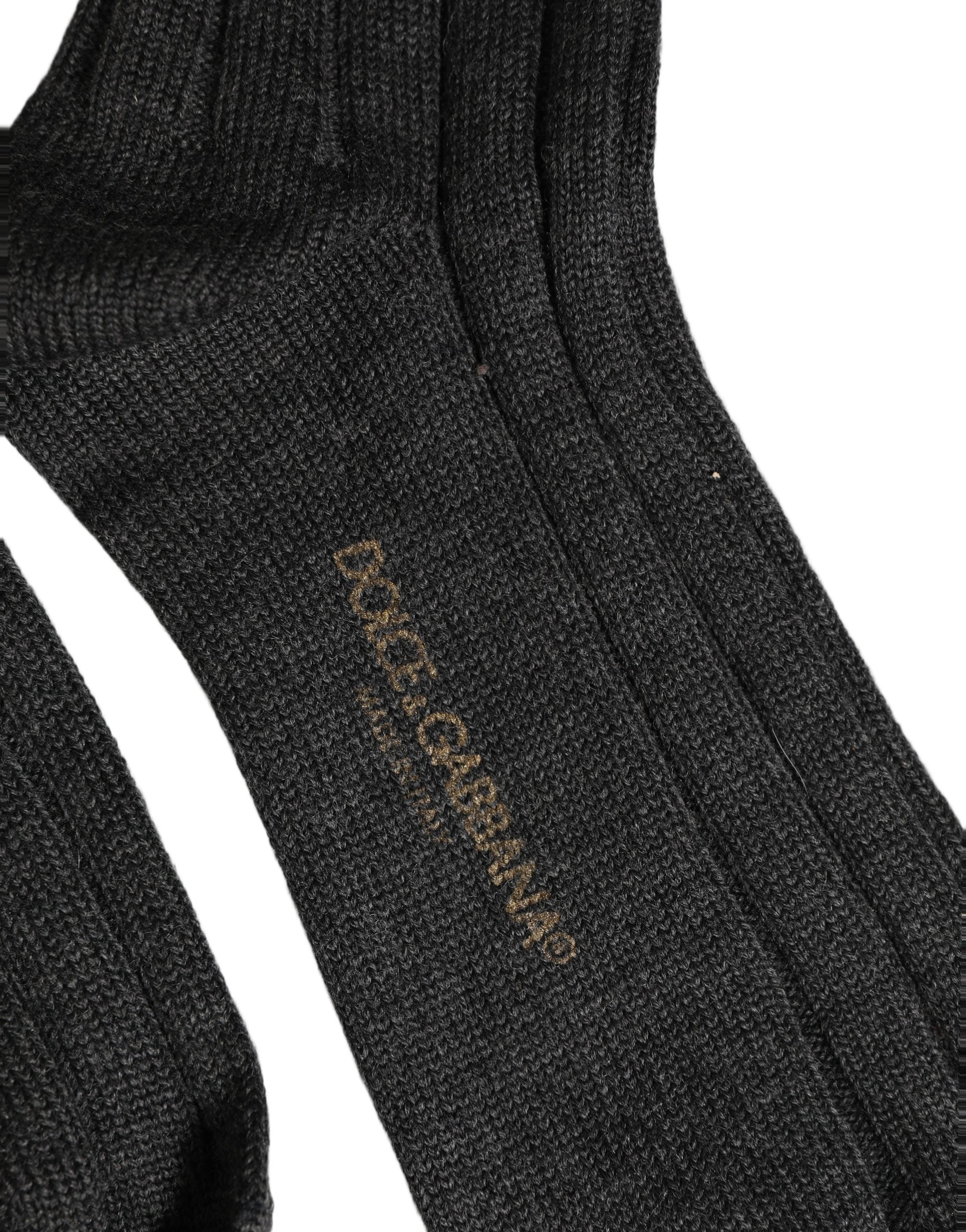 Dolce & Gabbana Dark Gray Wool Logo Calf Long Ribbed Accessory Socks Dolce & Gabbana
