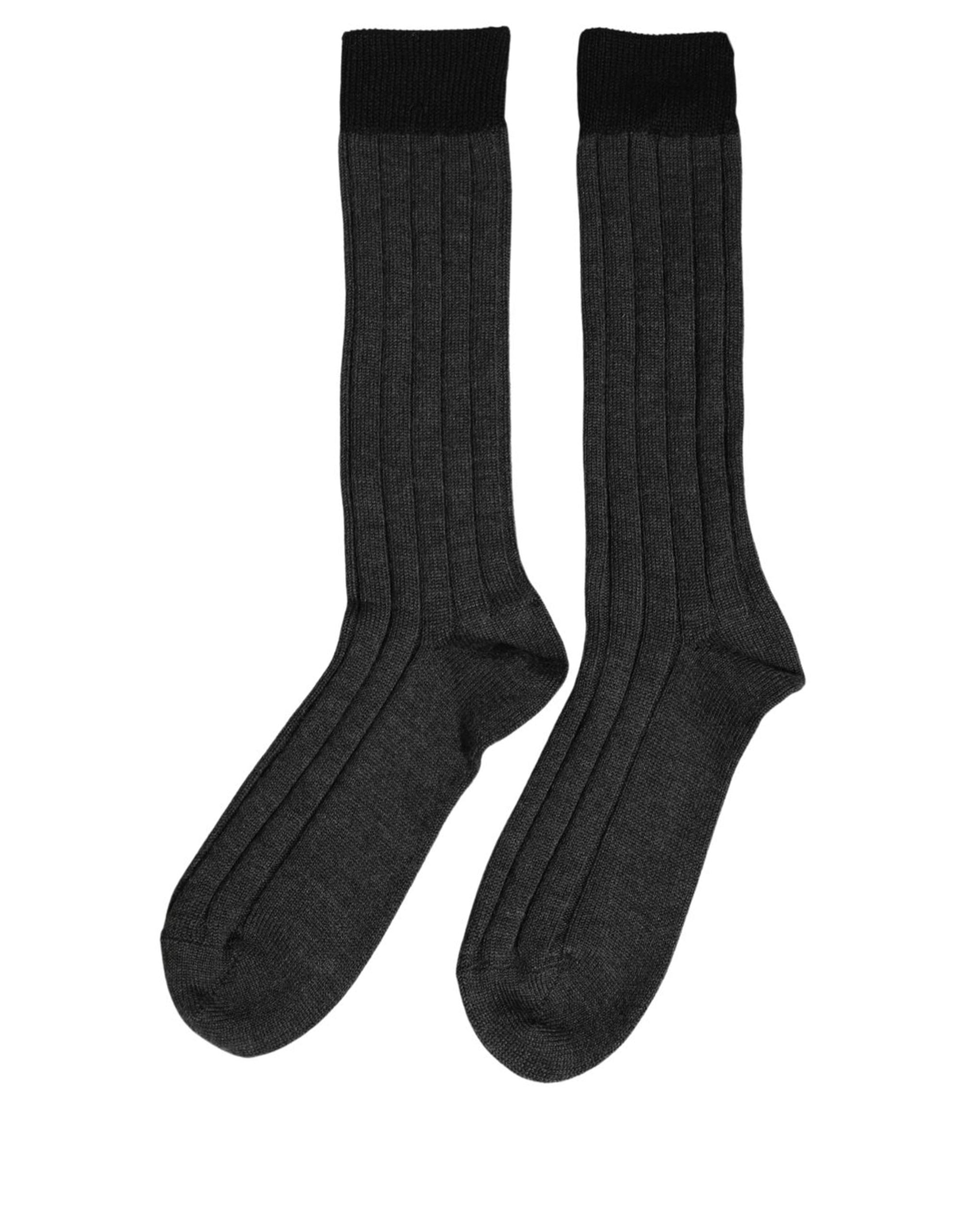 Dolce & Gabbana Dark Gray Wool Logo Calf Long Ribbed Accessory Socks Dolce & Gabbana