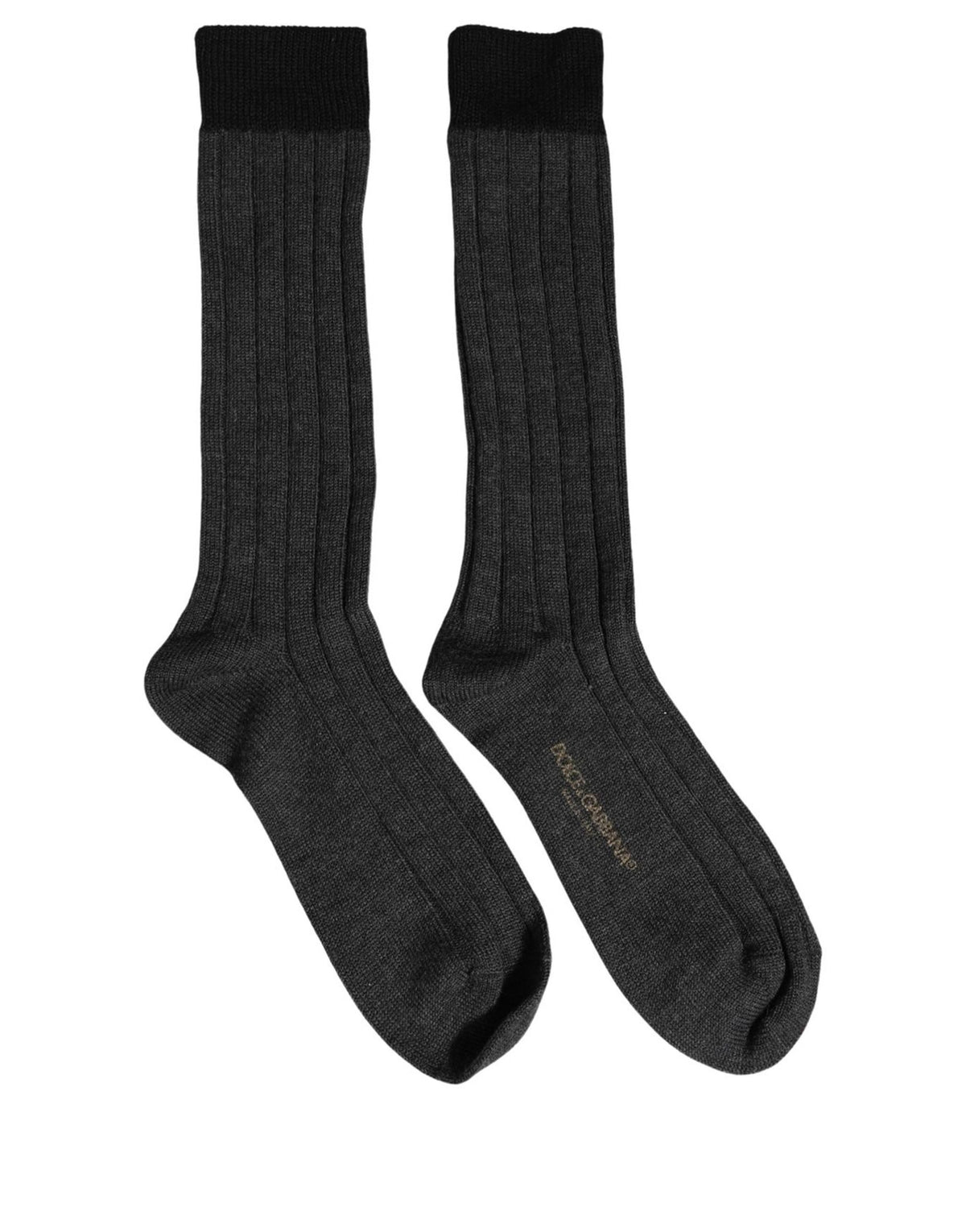 Dolce & Gabbana Dark Gray Wool Logo Calf Long Ribbed Accessory Socks Dolce & Gabbana