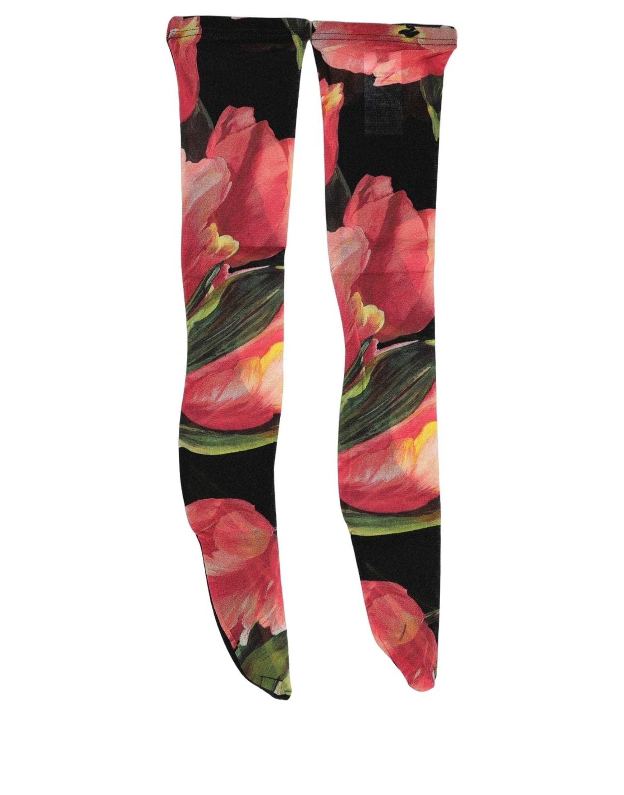 Dolce & Gabbana Black Pink Floral Tulip Nylon Stockings Socks Dolce & Gabbana