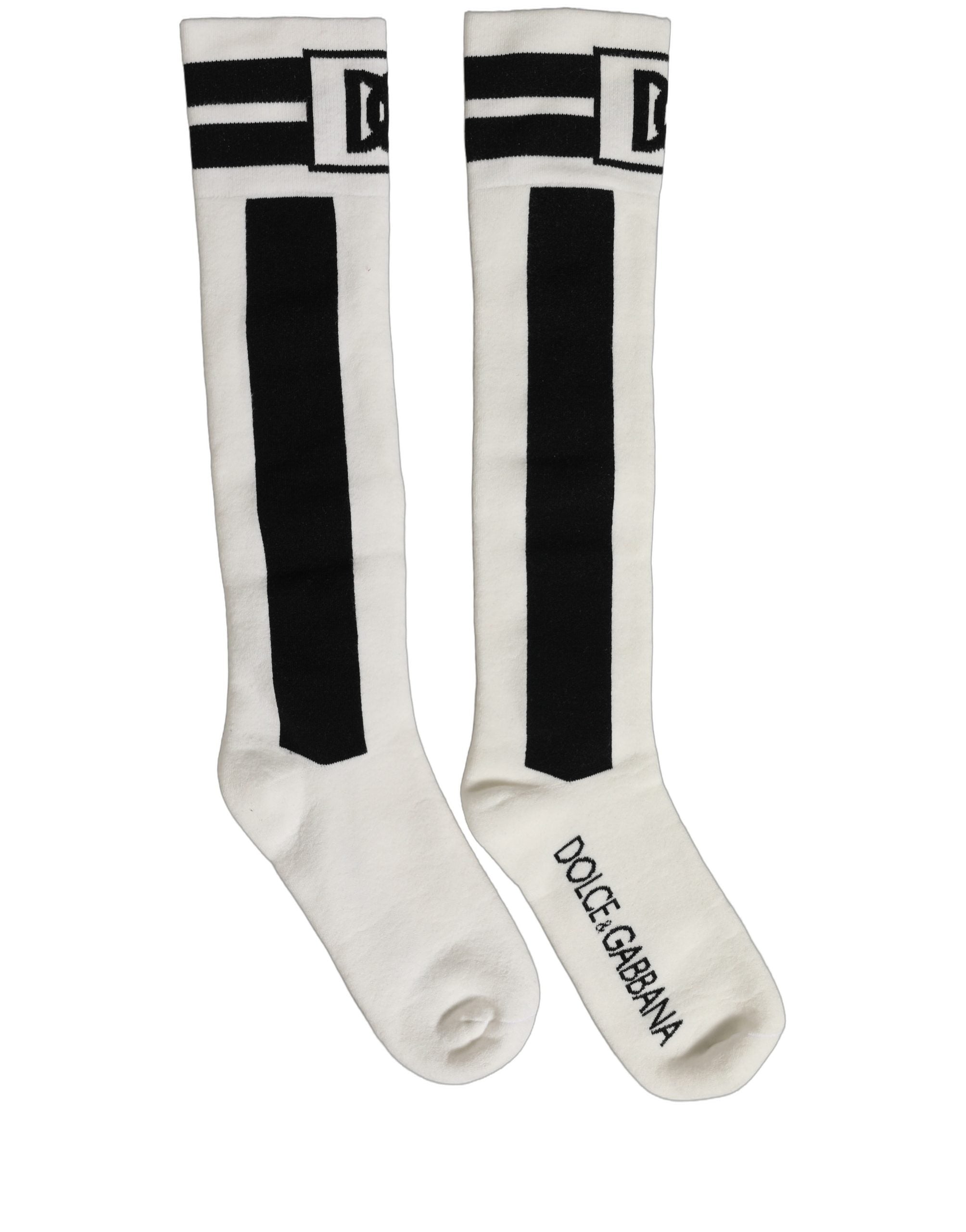 Dolce & Gabbana White Black Cotton Stretch Knee High Socks Dolce & Gabbana