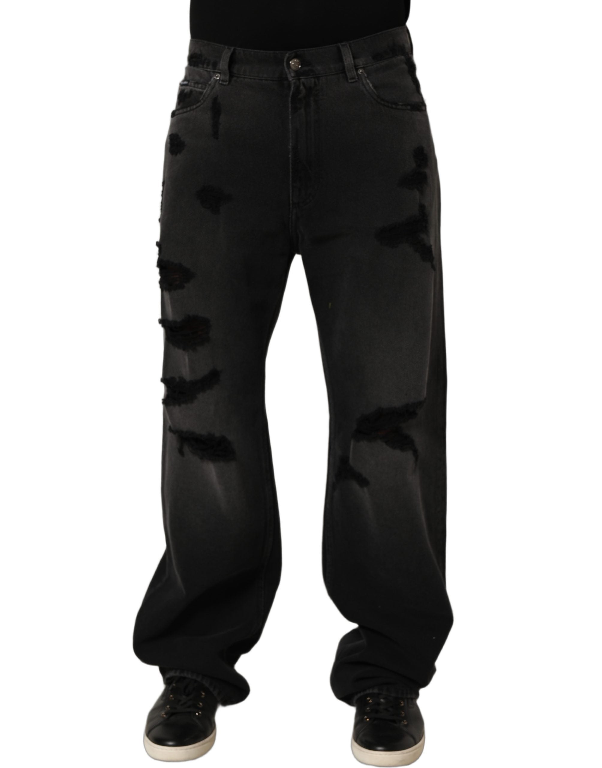 Dolce & Gabbana Dark Gray Distressed Oversize Men Denim Jeans Dolce & Gabbana