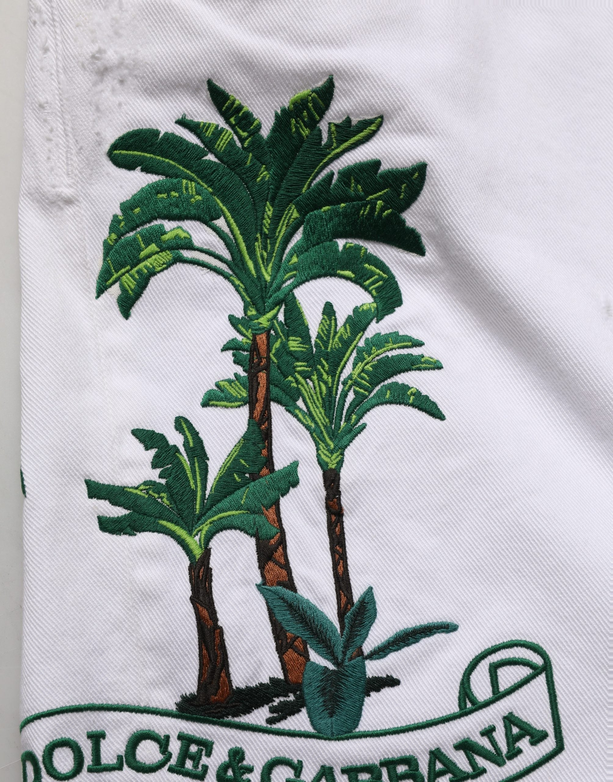 Dolce & Gabbana White Palm Embroidery Denim Bermuda Shorts Dolce & Gabbana