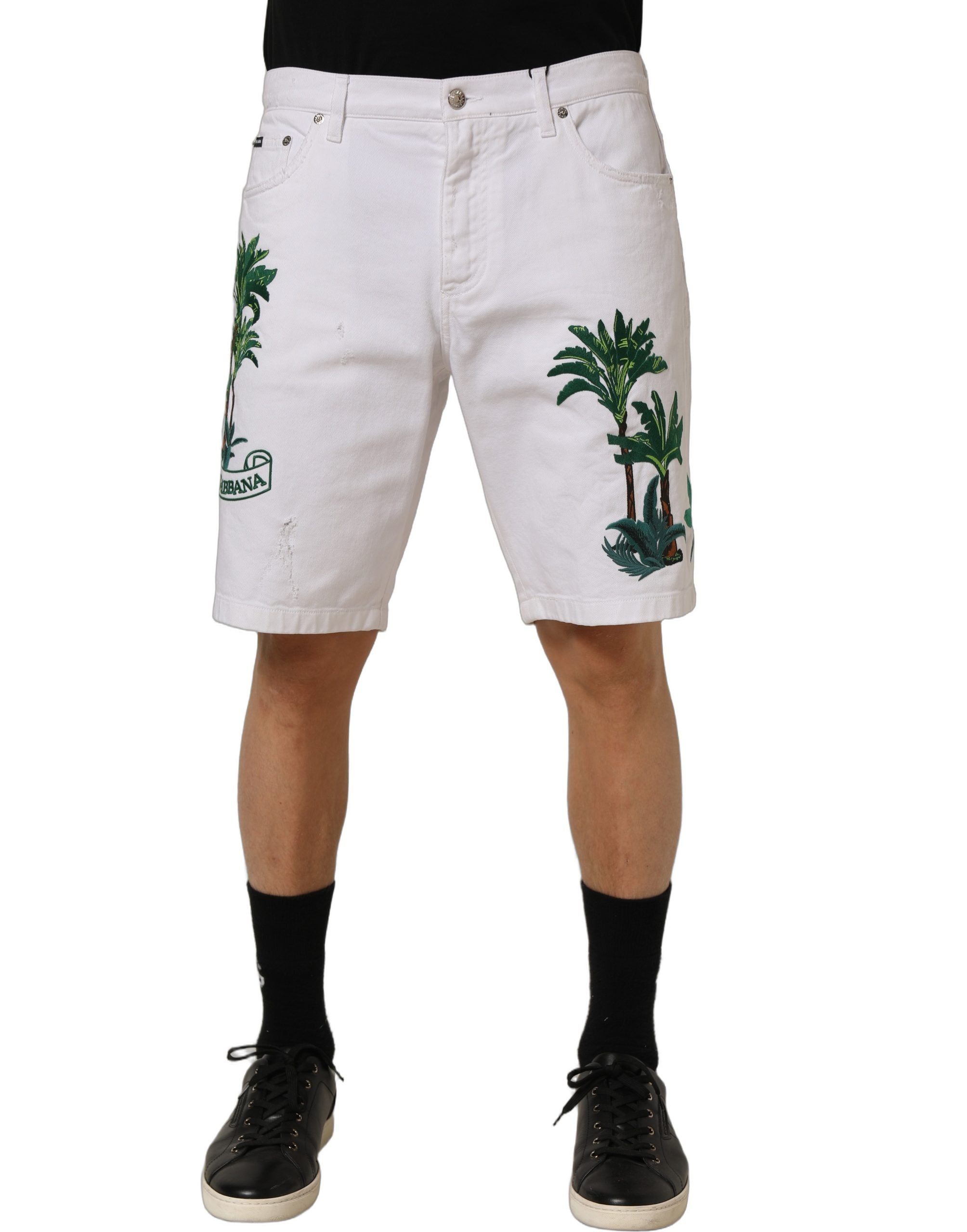 Dolce & Gabbana White Palm Embroidery Denim Bermuda Shorts Dolce & Gabbana