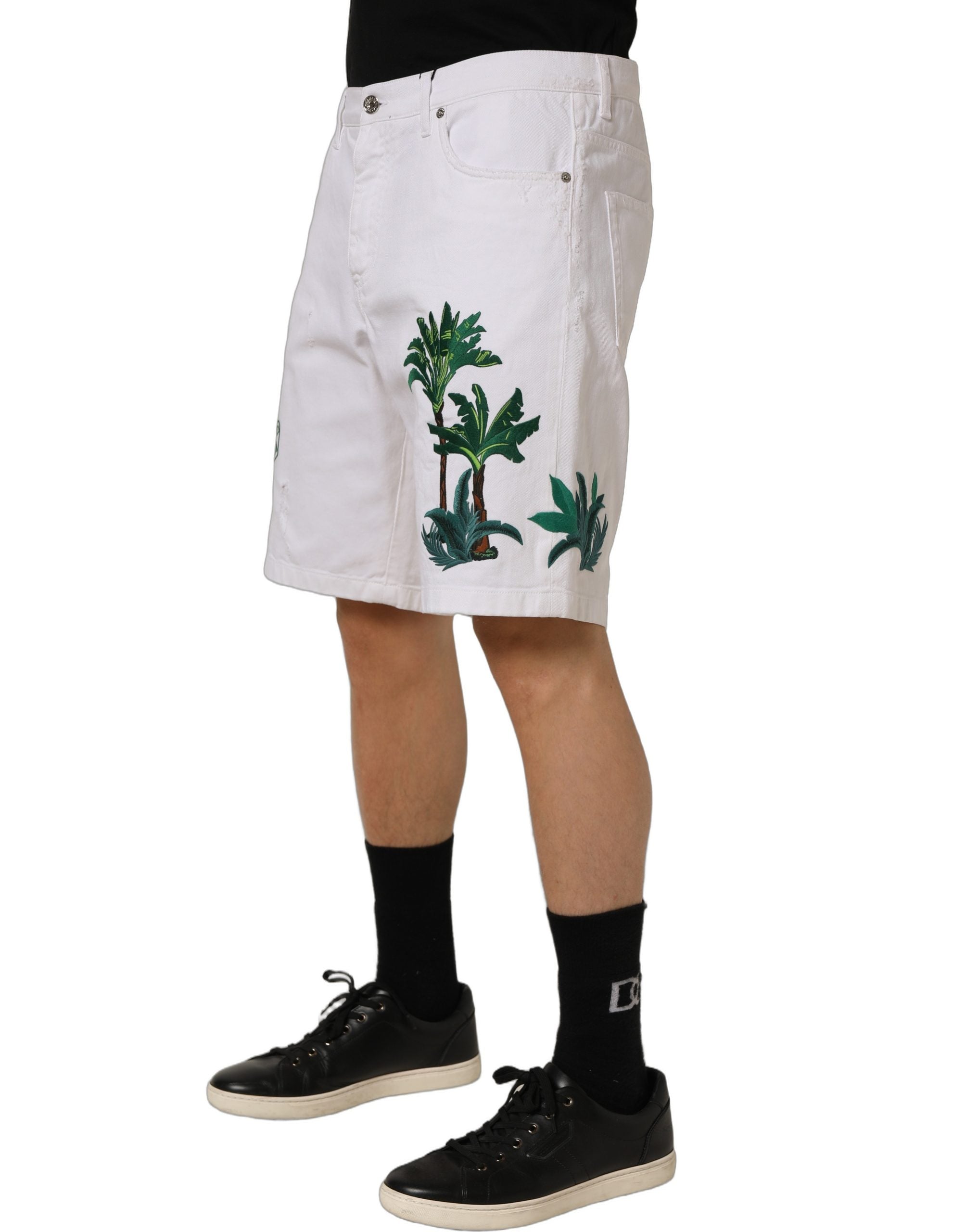 Dolce & Gabbana White Palm Embroidery Denim Bermuda Shorts Dolce & Gabbana