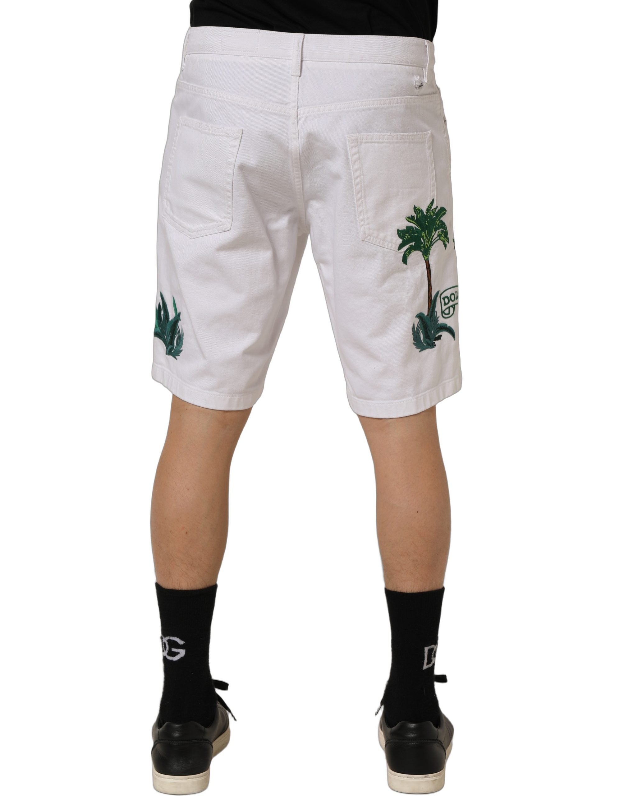 Dolce & Gabbana White Palm Embroidery Denim Bermuda Shorts Dolce & Gabbana