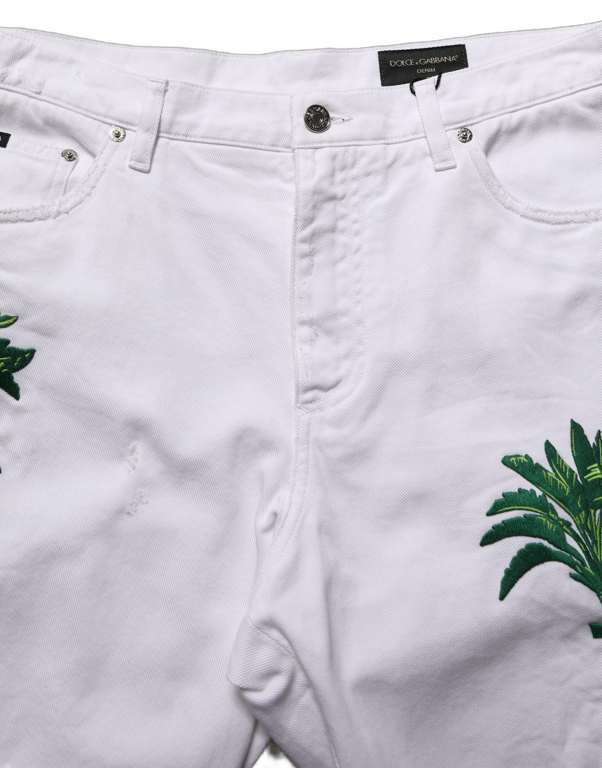 Dolce & Gabbana White Palm Embroidery Denim Bermuda Shorts Dolce & Gabbana