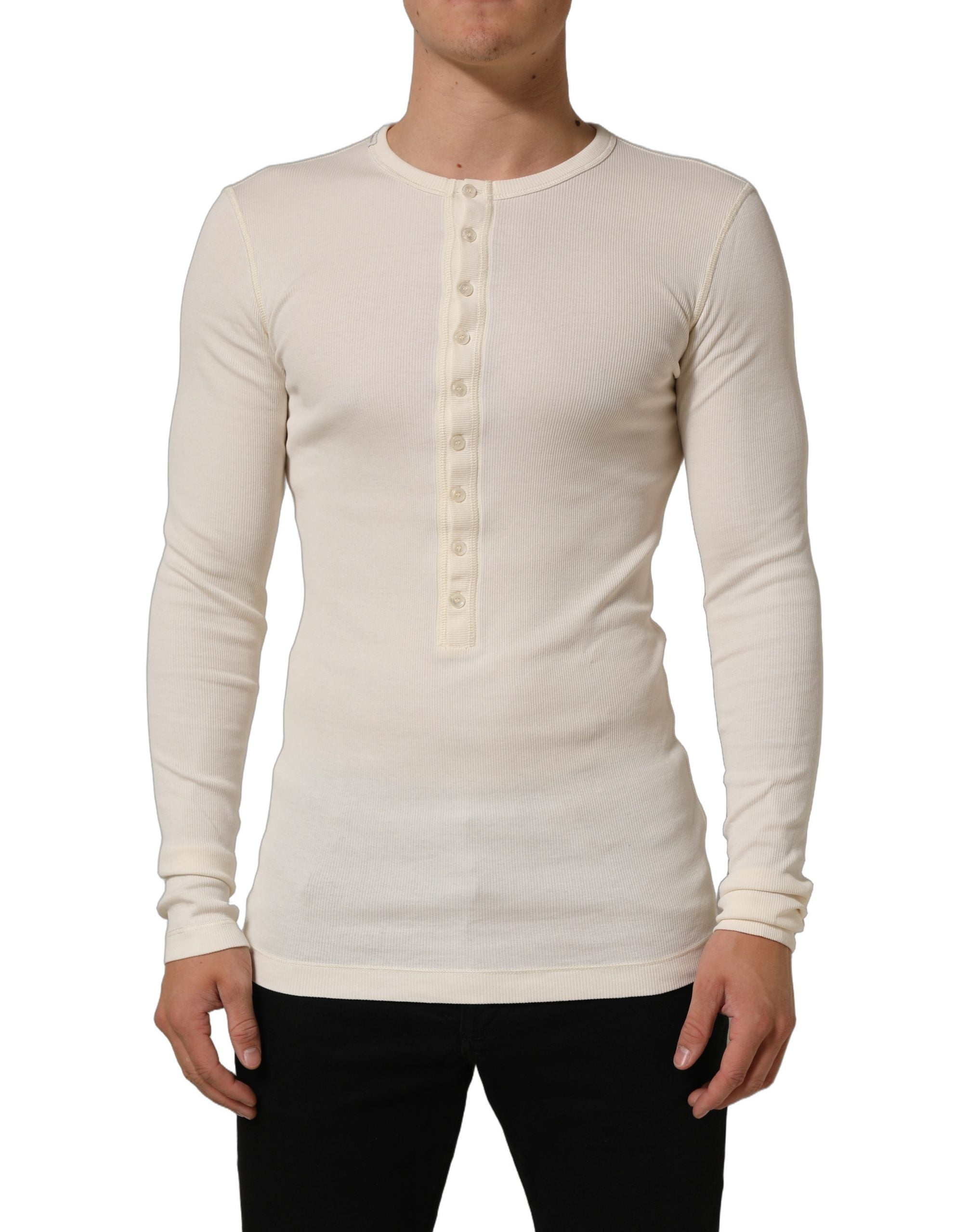 Dolce & Gabbana Off White Cotton Henley Long Sleeves T-shirt Dolce & Gabbana