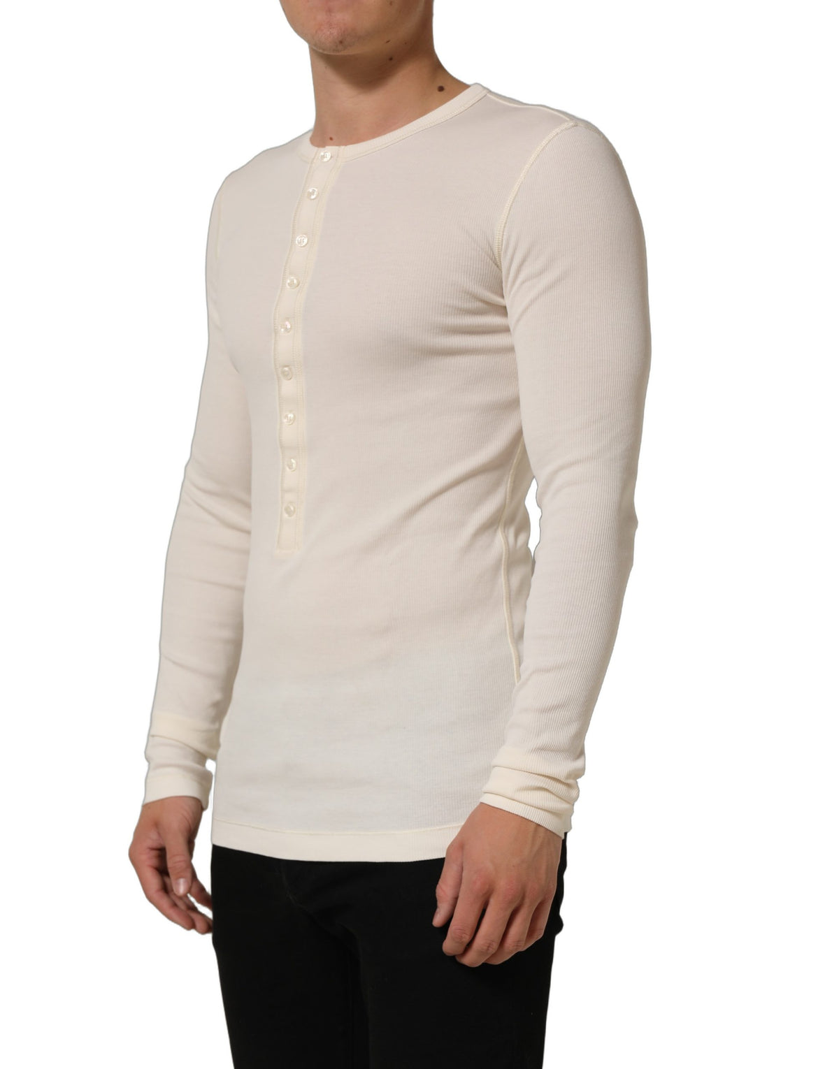 Dolce & Gabbana Off White Cotton Henley Long Sleeves T-shirt Dolce & Gabbana